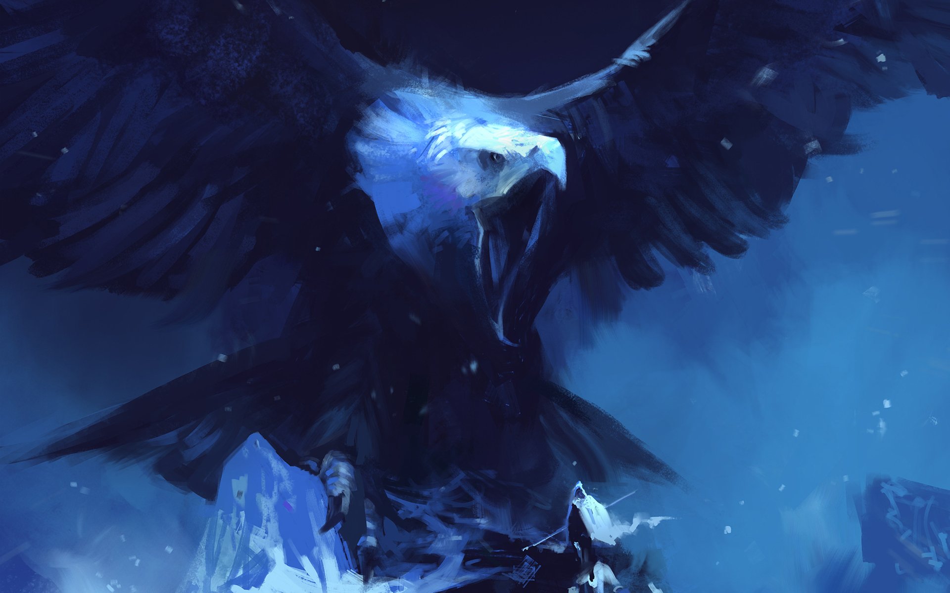 art mountain eagle giant man wings swing snow blizzard night