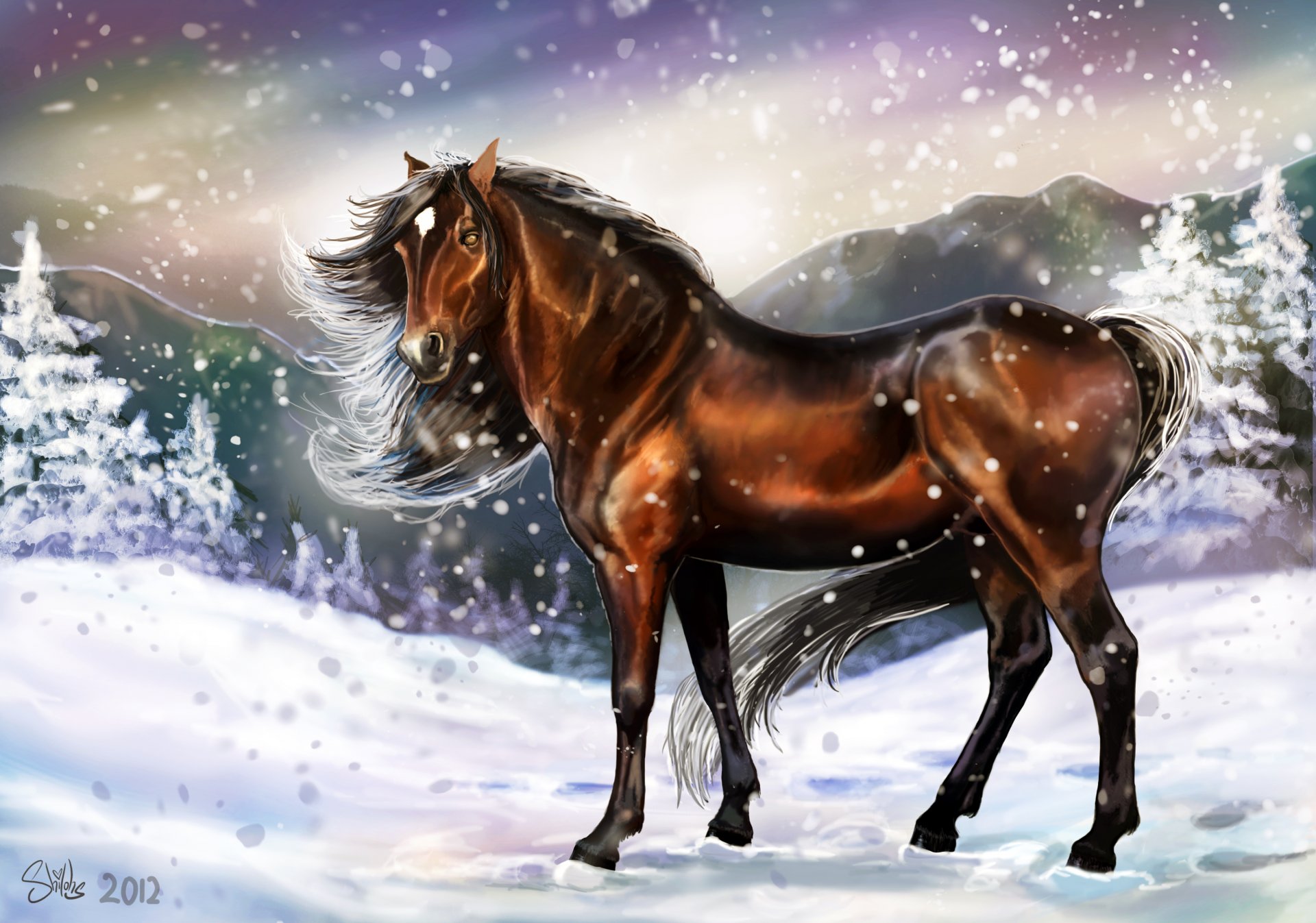 peinture art cheval crinière animal vue hiver froid neige traces