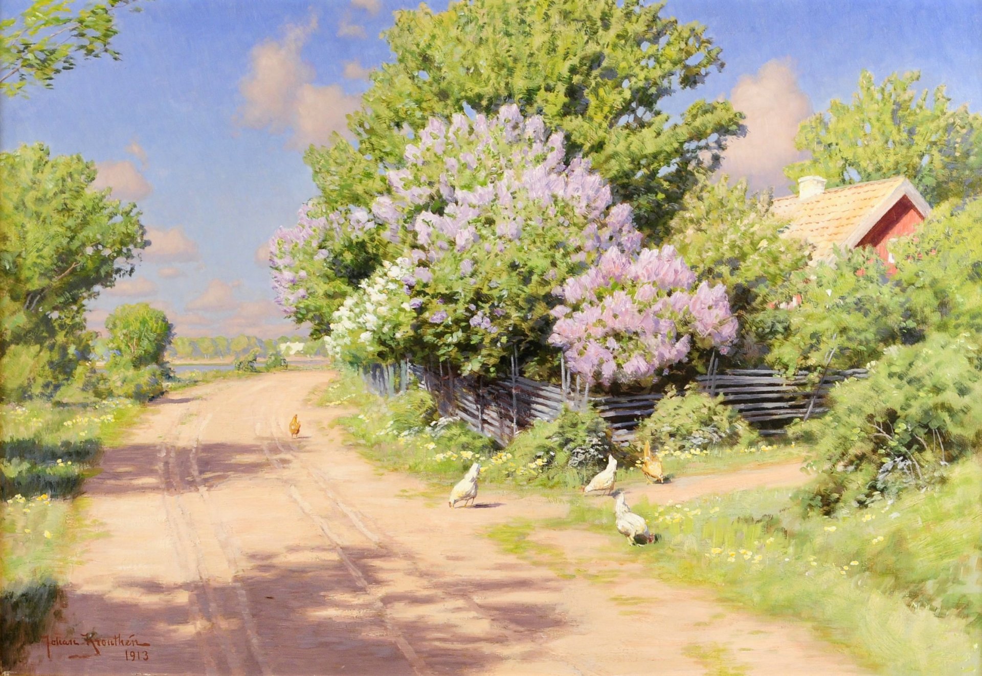 pittura paesaggio johan krouthen villaggio strada ombra casa tetto recinzione canniccio cespugli lillà fiori polli