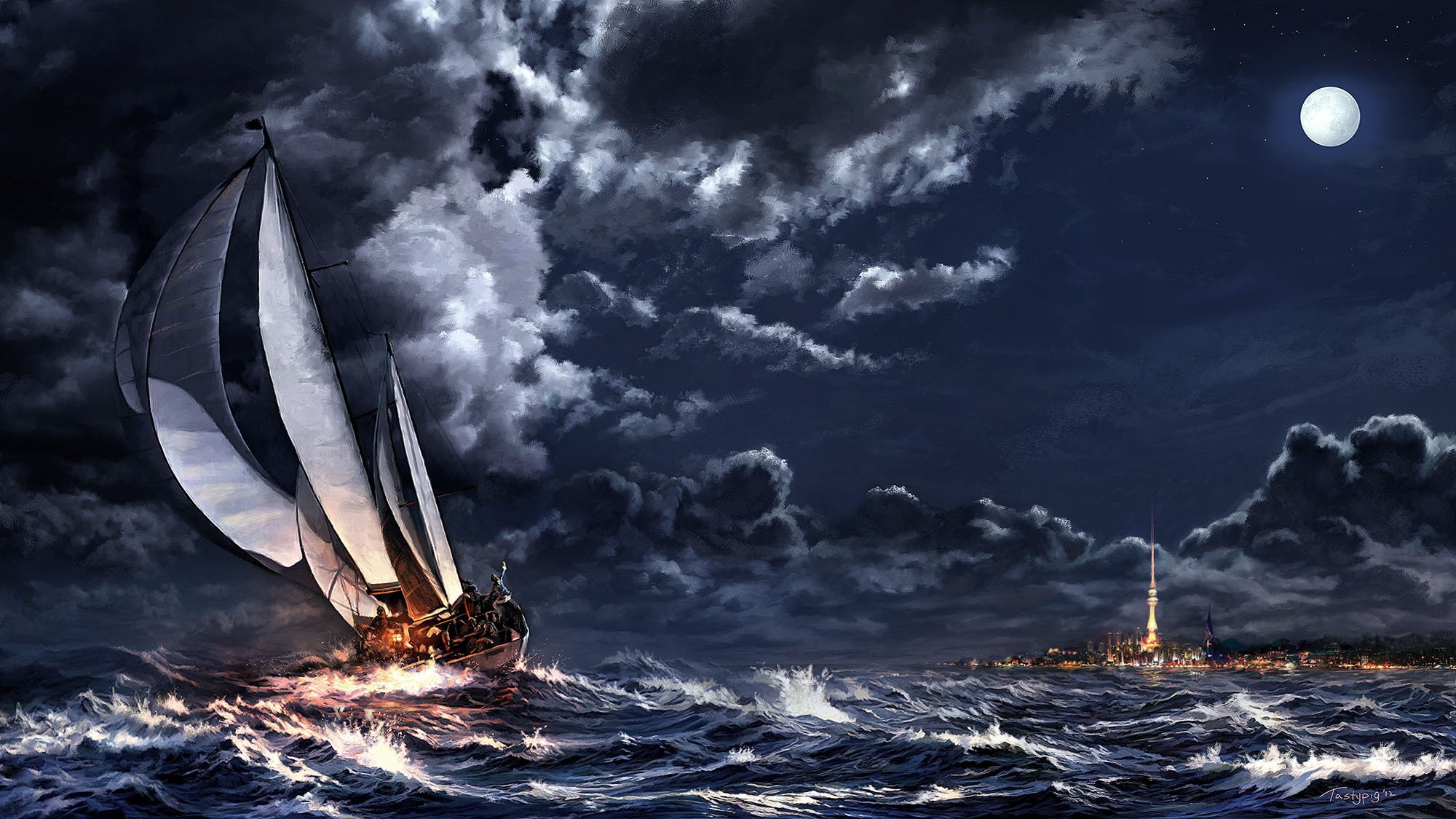 art sea ship sailboat storm city night moon clouds clouds spire