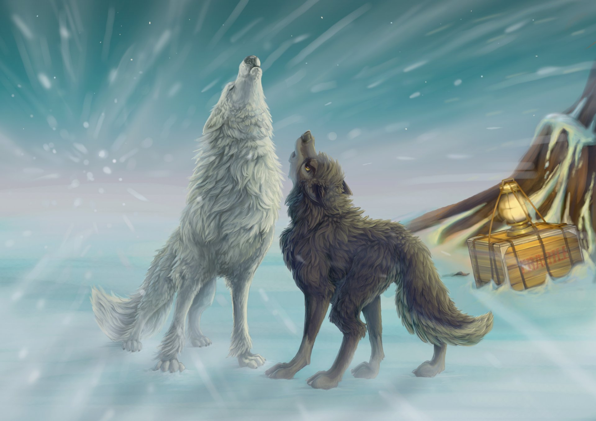 art loups hiver neige boîte lanterne blizzard hurlement