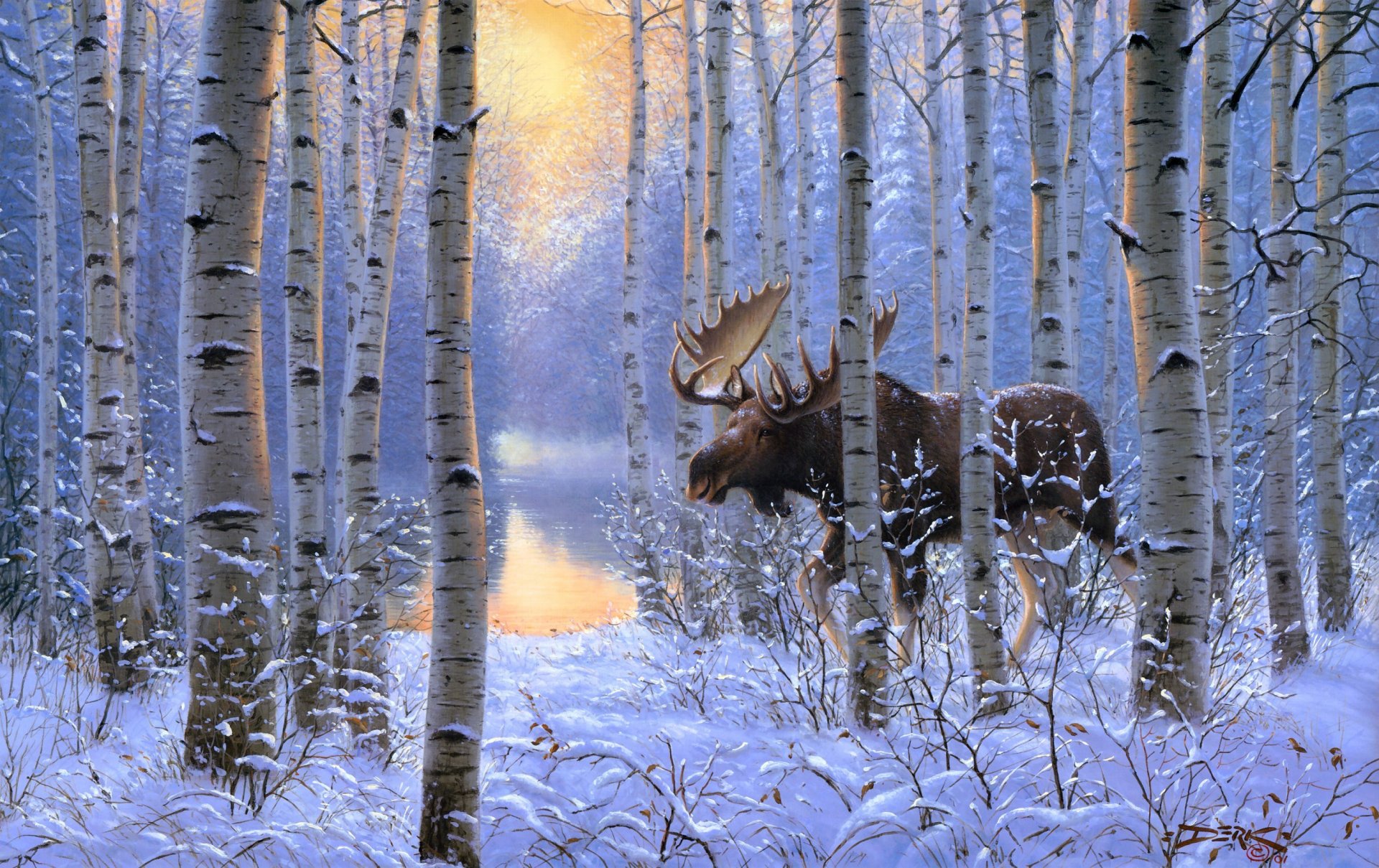 derk hansen unterwegs malerei winter schnee tiere wald elch