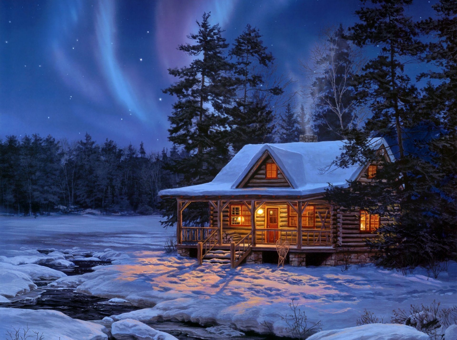 darrell bush rendimiento nocturno pintura madera troncos casa luz invierno bosque noche estrellas resplandor nieve arroyo agua