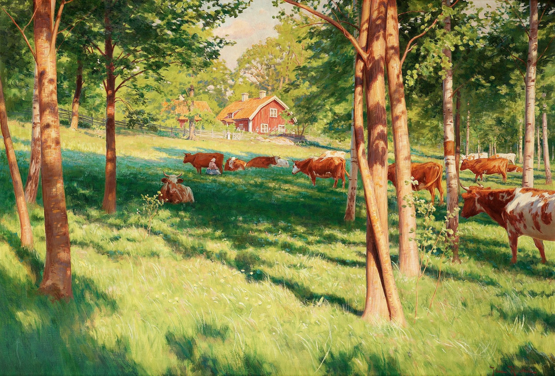 pintura paisaje johan krouthen verano pueblo bosque prado pasto vacas árboles casa cerca