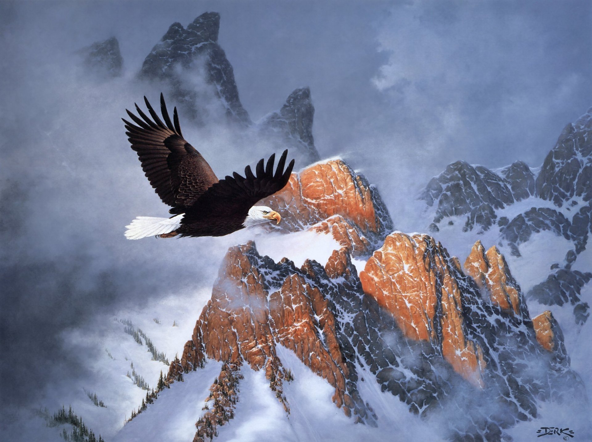 derk hansen fuego en la montaña pintura invierno montañas águila calva nubes nieve