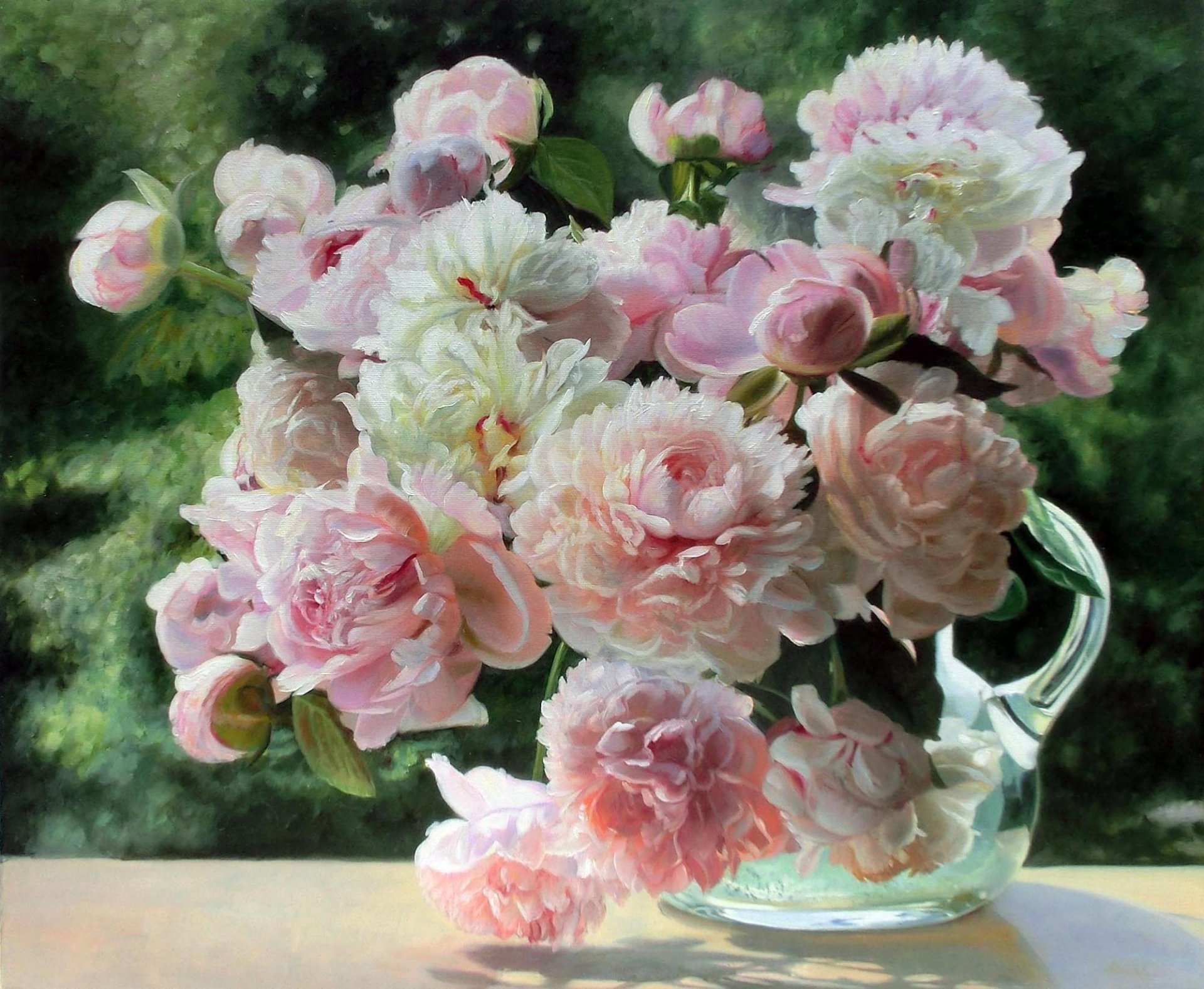 pintura zbigniew kopania naturaleza muerta flores peonías decantador verano luz ternura