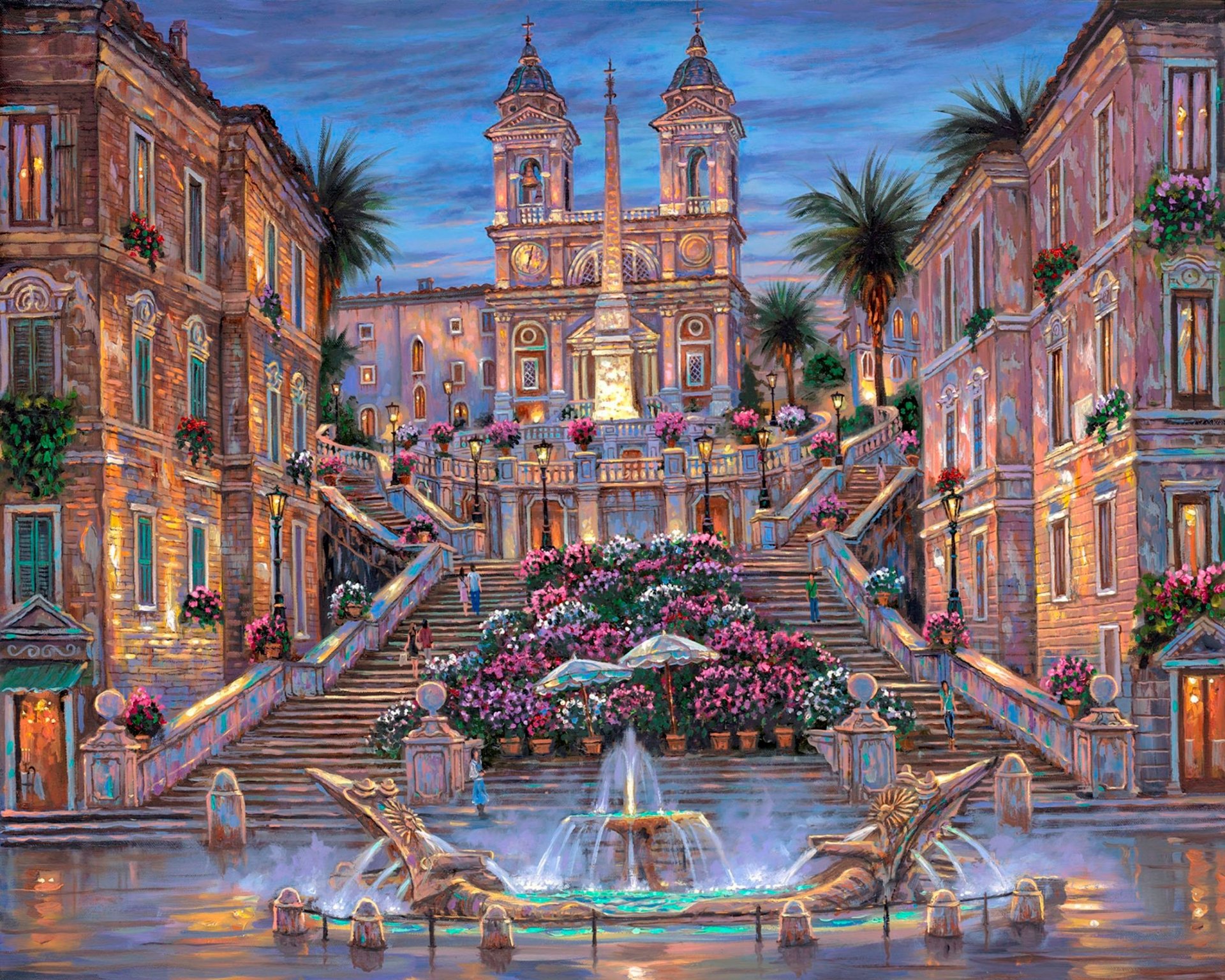 robert finale rome. the spanish steps painting italy rome ladder fountain flower palm night twilight