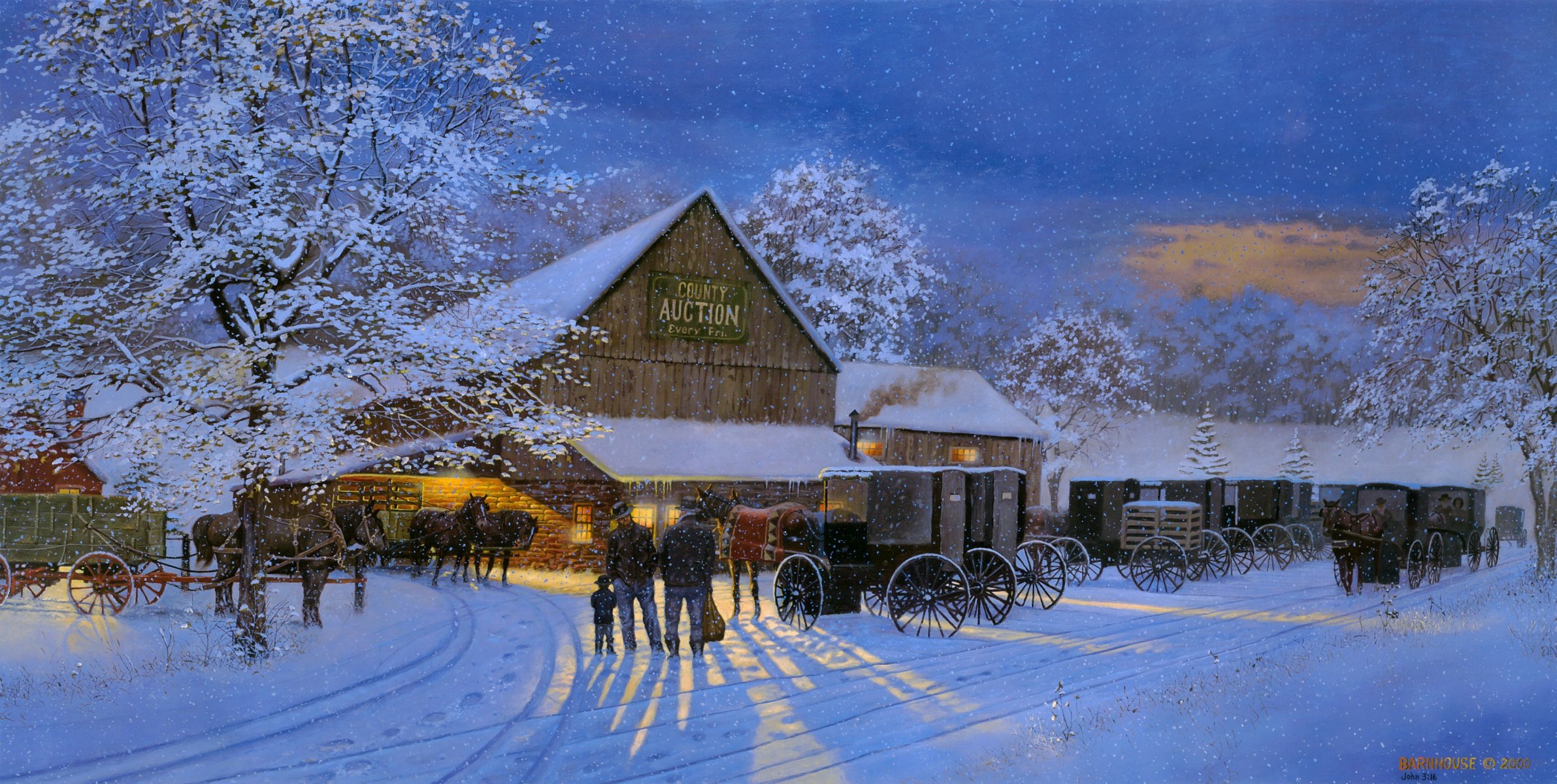 dave barnhouse lieu de rassemblement vente aux enchères du comté peinture chevaux charrettes hiver neige soirée vente aux enchères