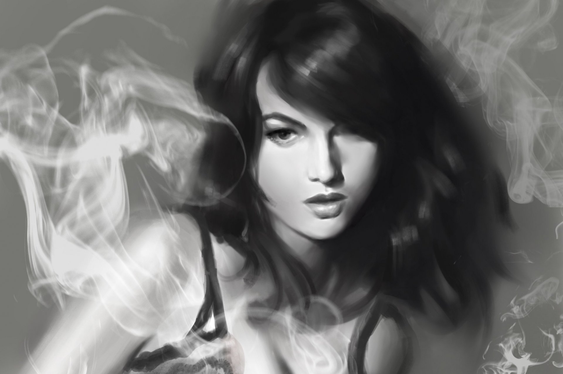 art picture girl smoke monochrome black and white