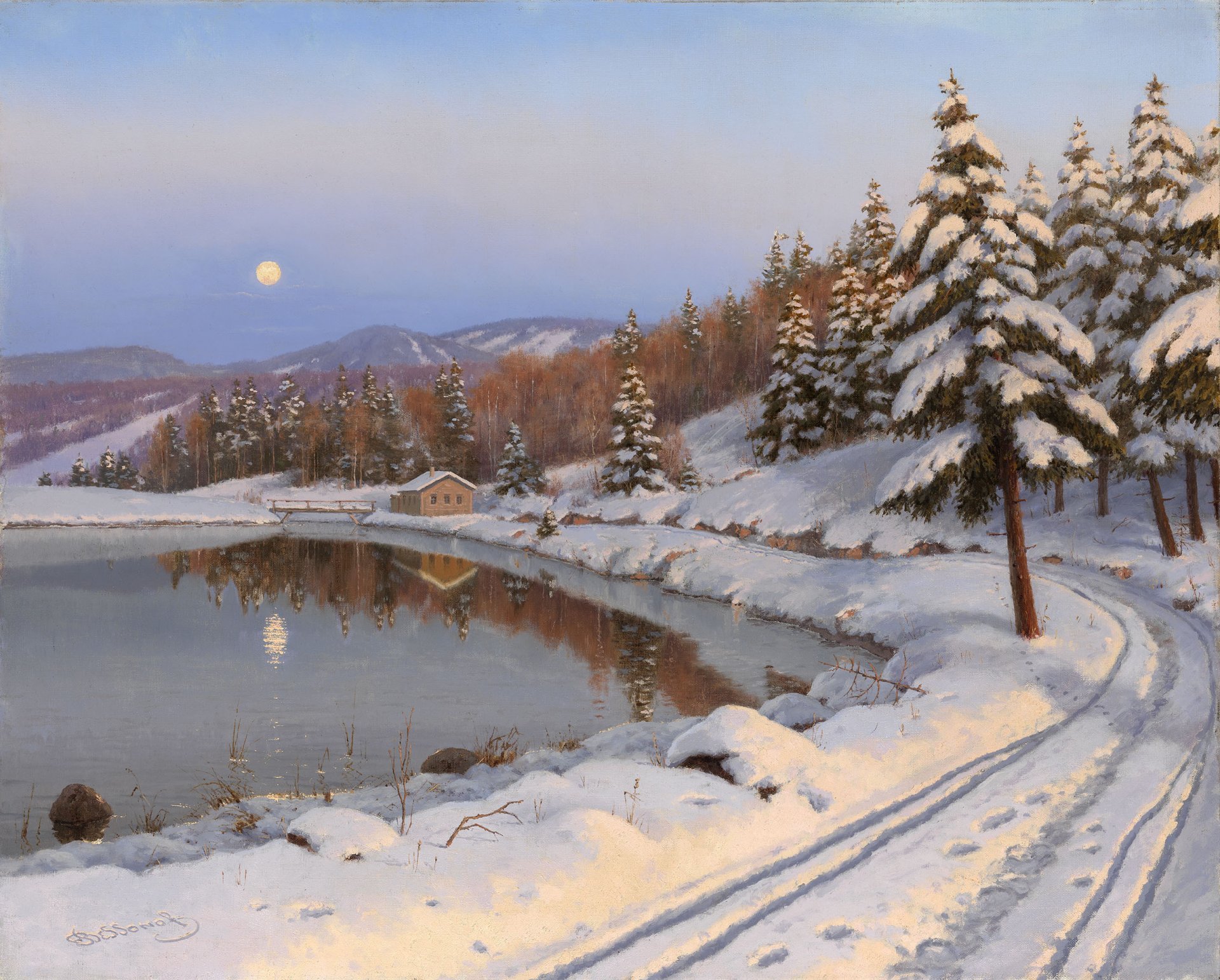 pintura paisaje boris bessonov invierno noche luna lago montañas casa bosque camino árboles de navidad