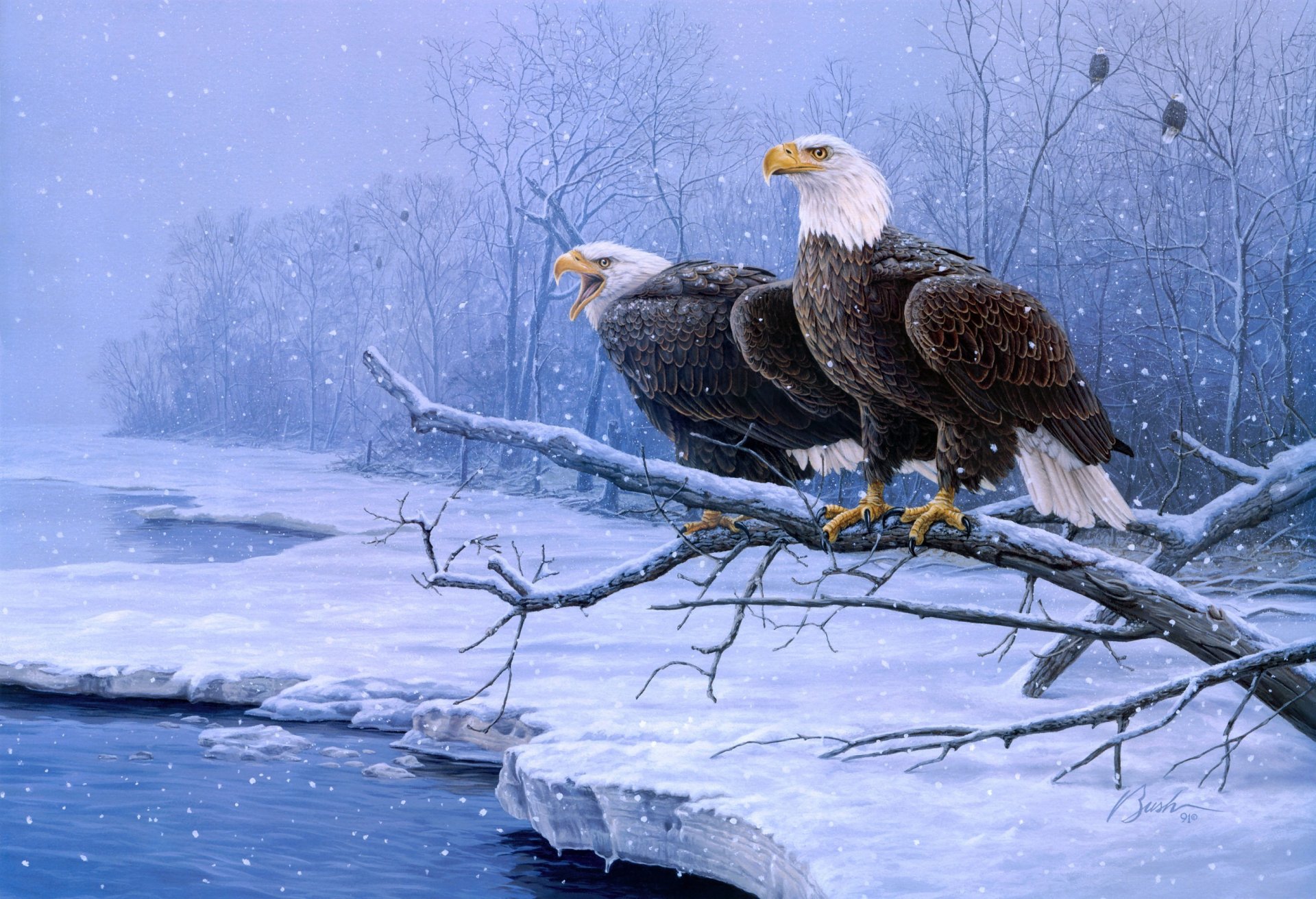 darrell bush the gathering place painting birds eagles bald eagle winter snow frost cool river