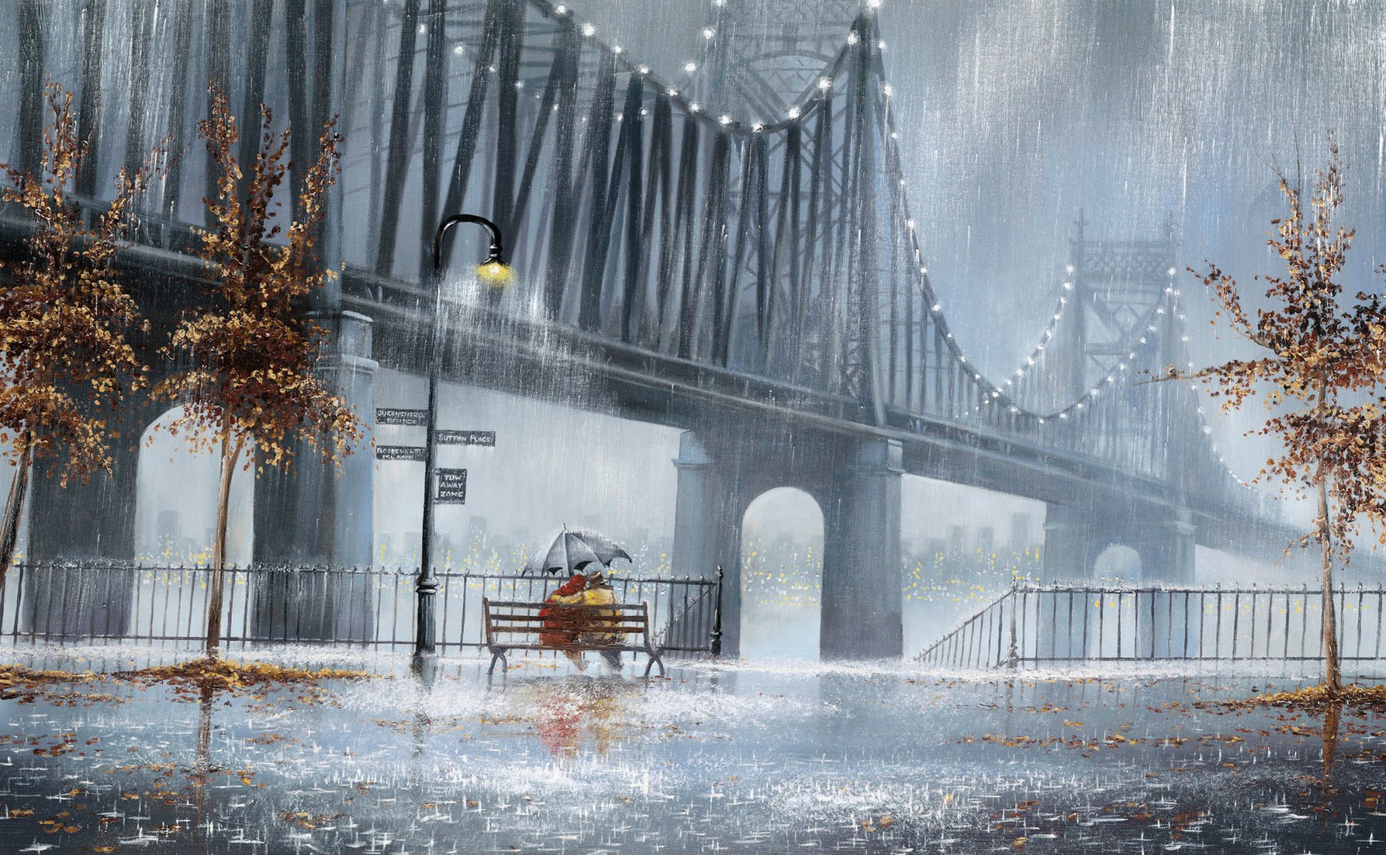 jeff rowland pluie arbres lanternes rue banc deux couple parapluie