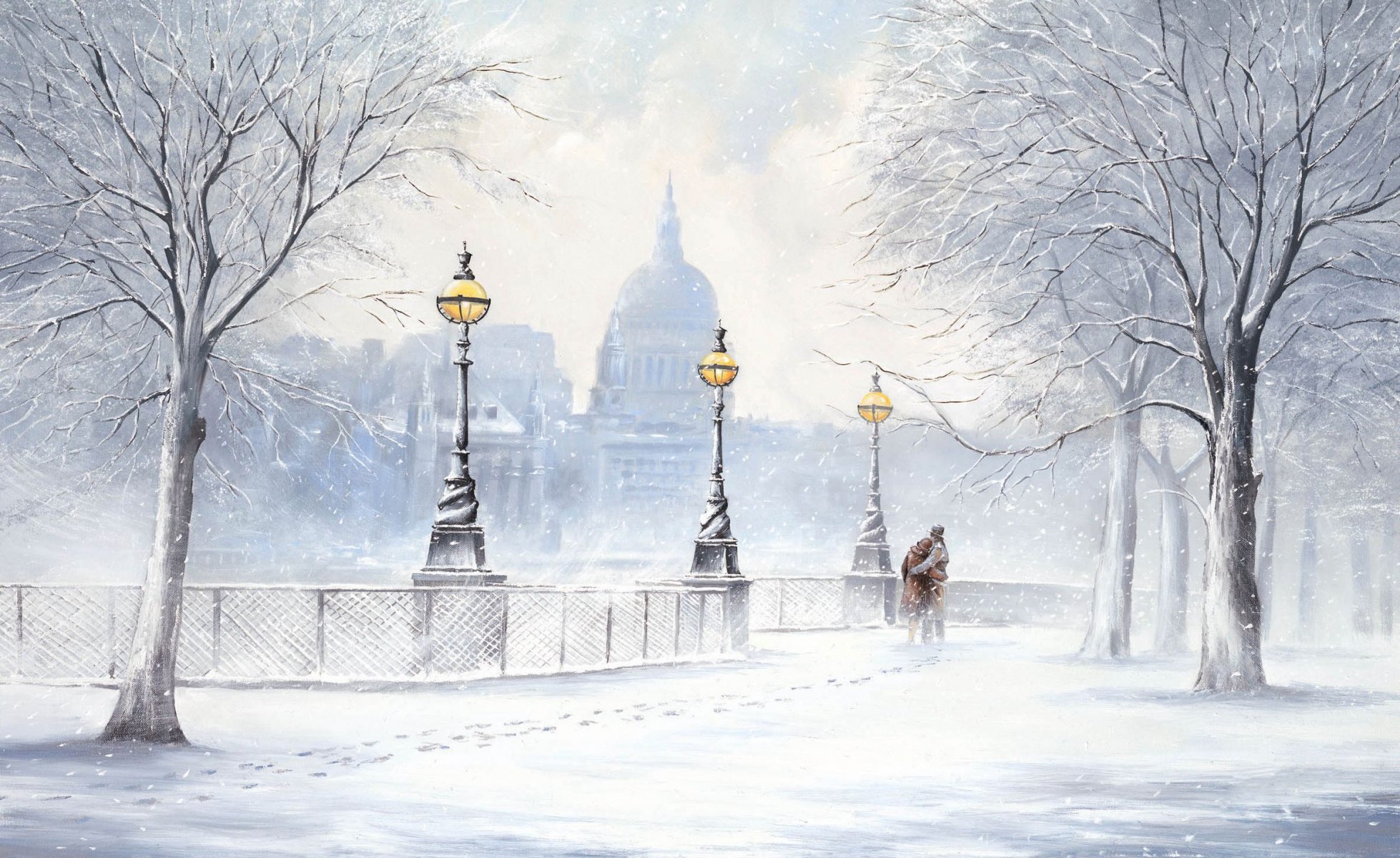 photo jeff rowland hiver neige boulevard chutes de neige rue lanternes deux traces arbres ville