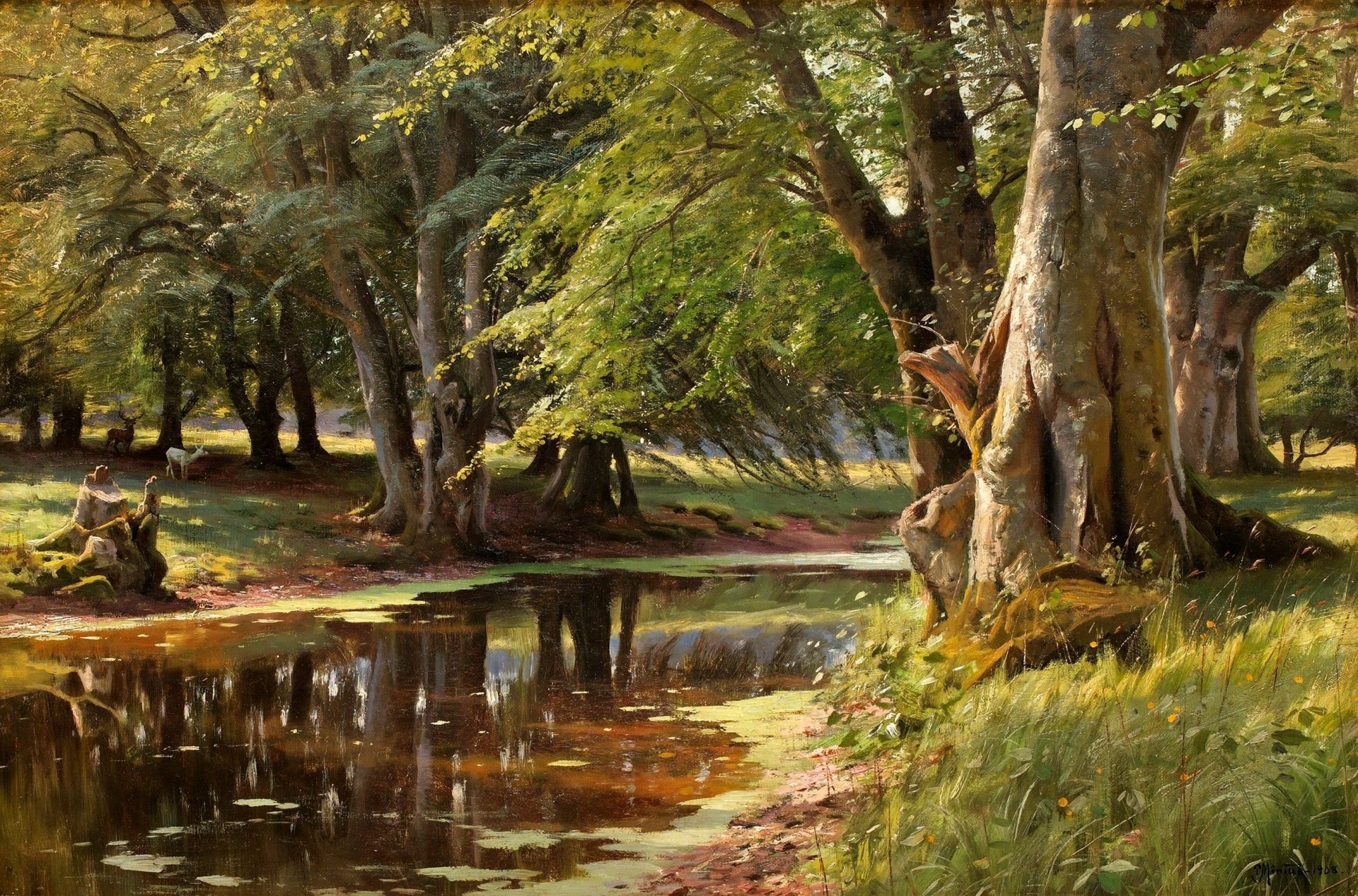 malerei landschaft peder mork monsted sommer wald fluss bäume ufer gras tiere hirsche