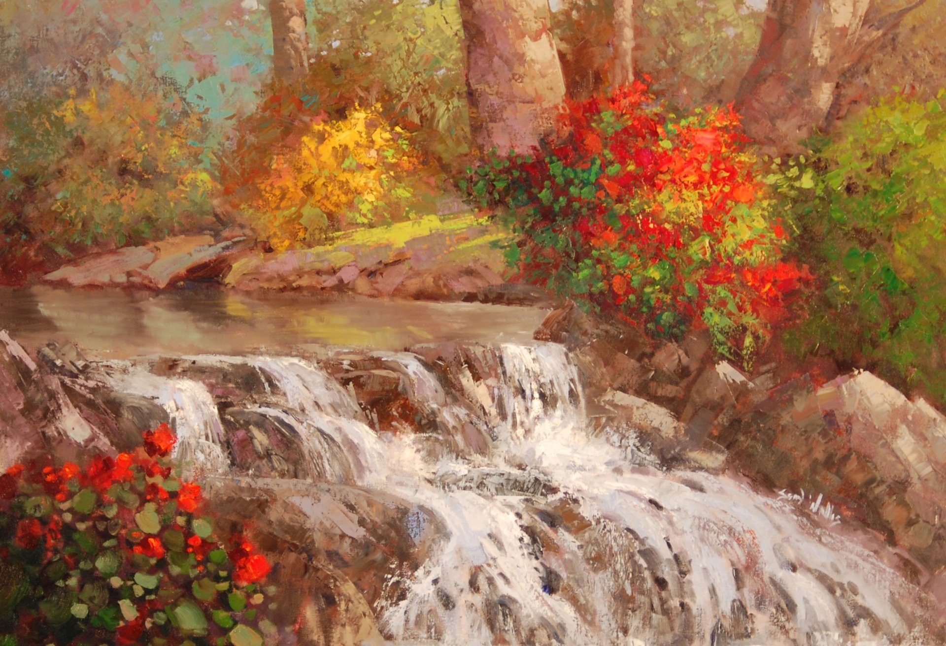 art waterfall river water bush tree