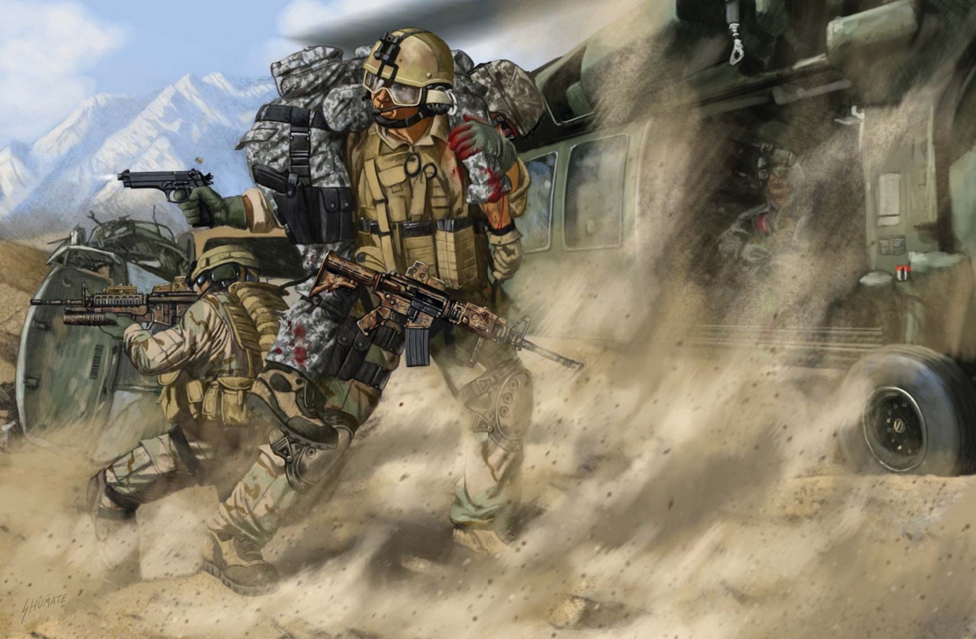 arte soldati sparatoria salvataggio ferito compagno montagna afghanistan disegno