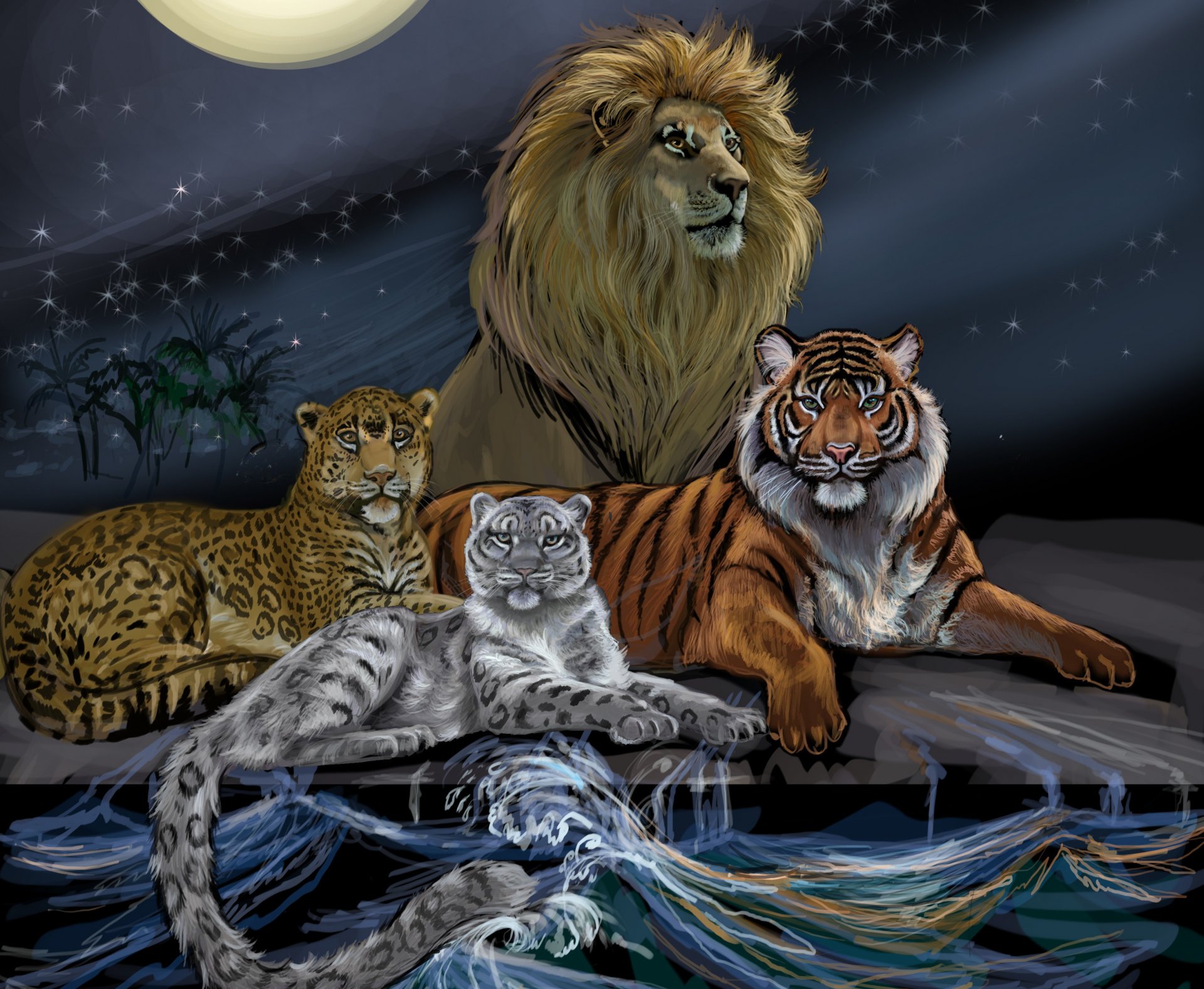 art painting animals predators leo mane view the king of beasts leopard tiger snow leopard water waves sky moon