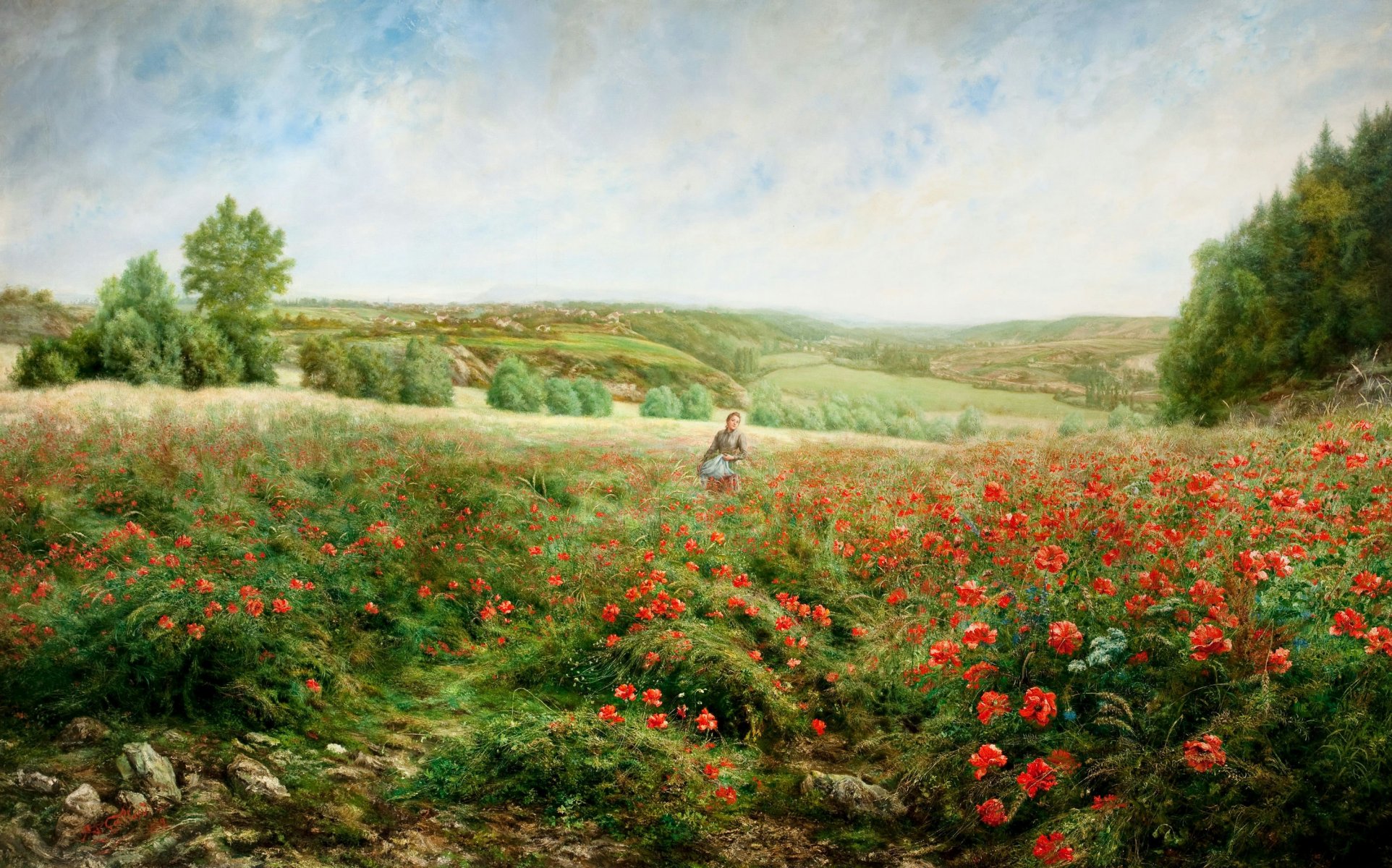 pattern landscape the field hills flower poppies tree girl jacob philipp hackert