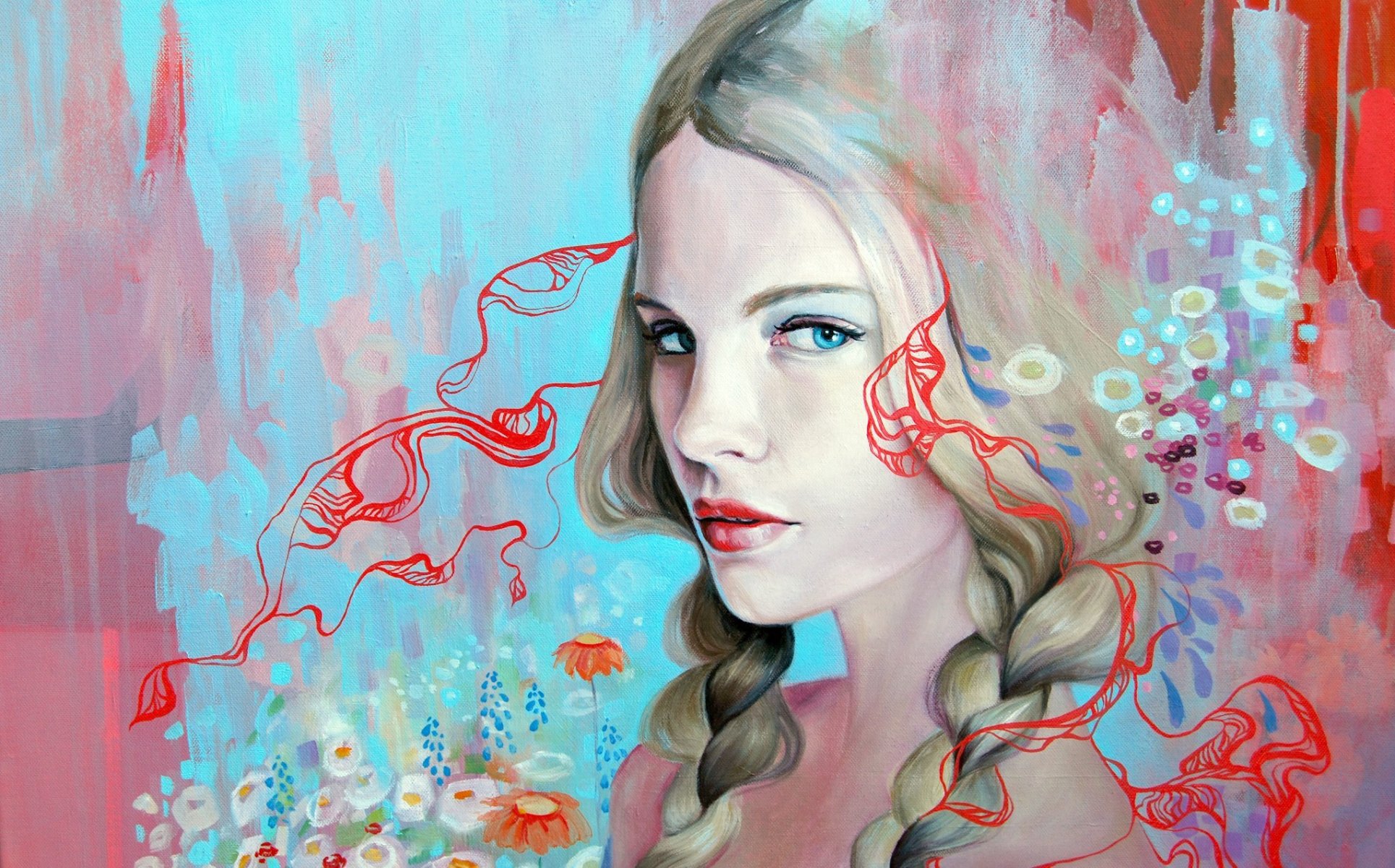 arte dibujo emma uber chica rubia cara mirada ojos azul pelo trenzas fondo patrón pinturas flores