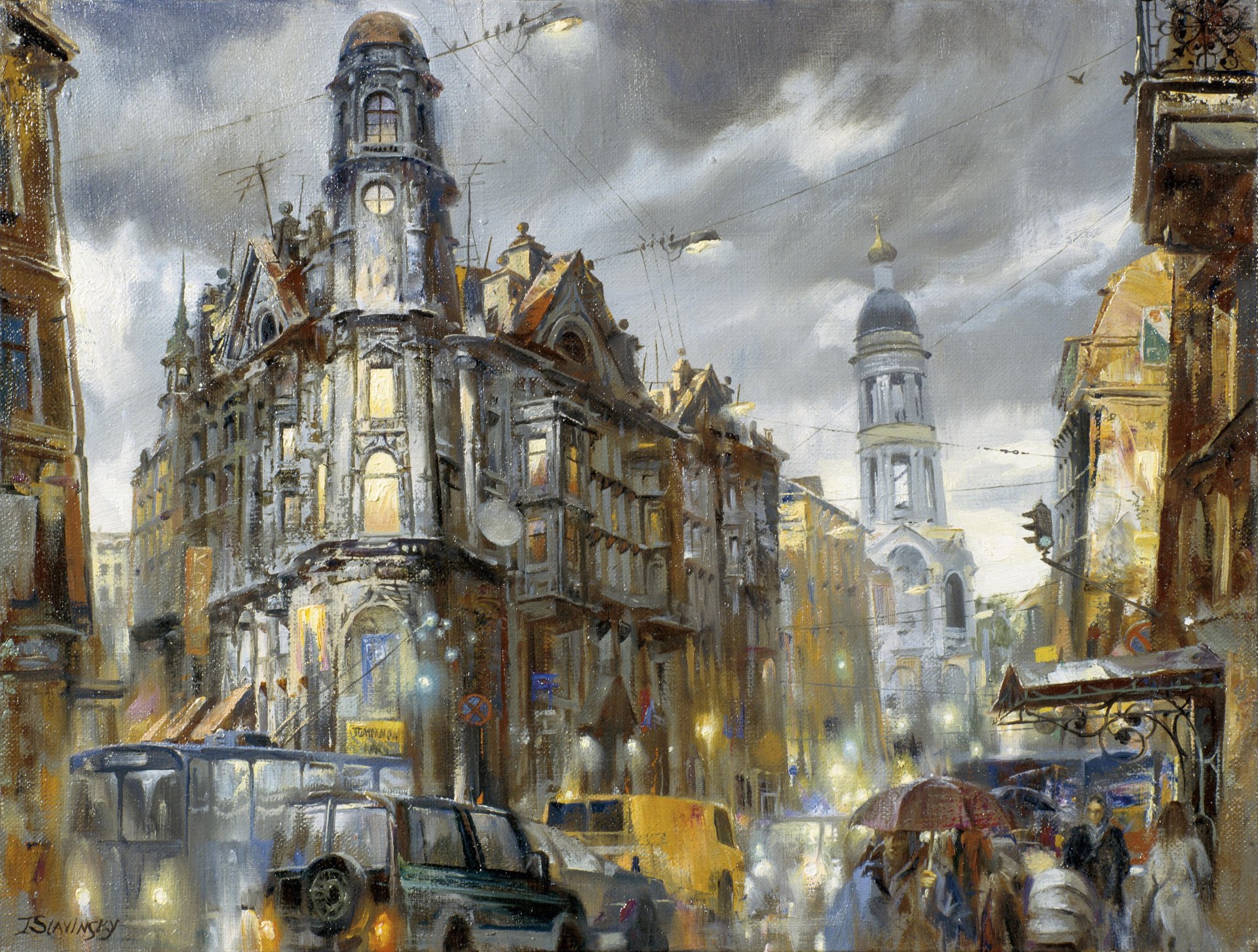 town street st. petersburg five corners night lights lamps rain machinery transportation pattern picture watercolor ivan slavinskiy