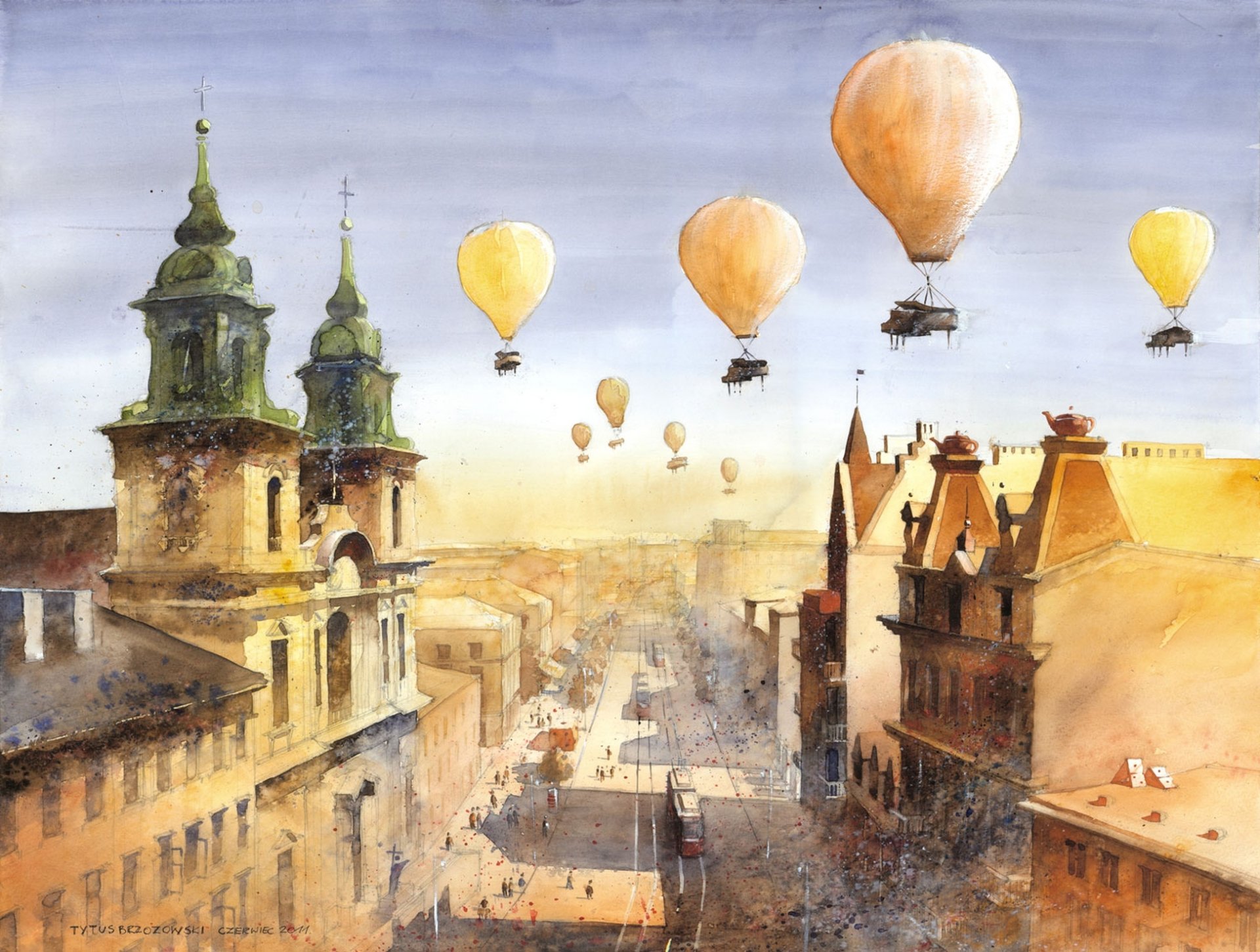 arte tytus brzozowski dibujo ciudad casas rieles globos personas