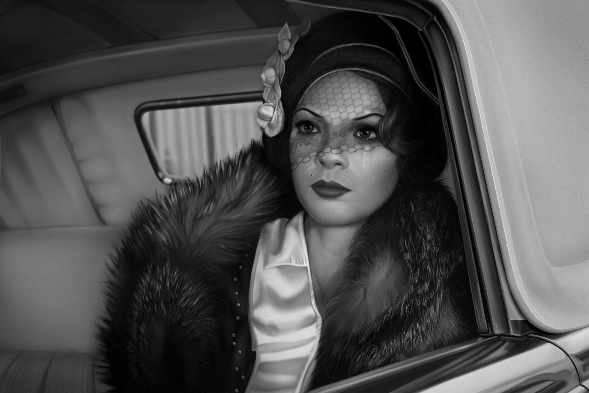 arte chica retro sombrero velo coche ventana pelaje blanco y negro monocromo