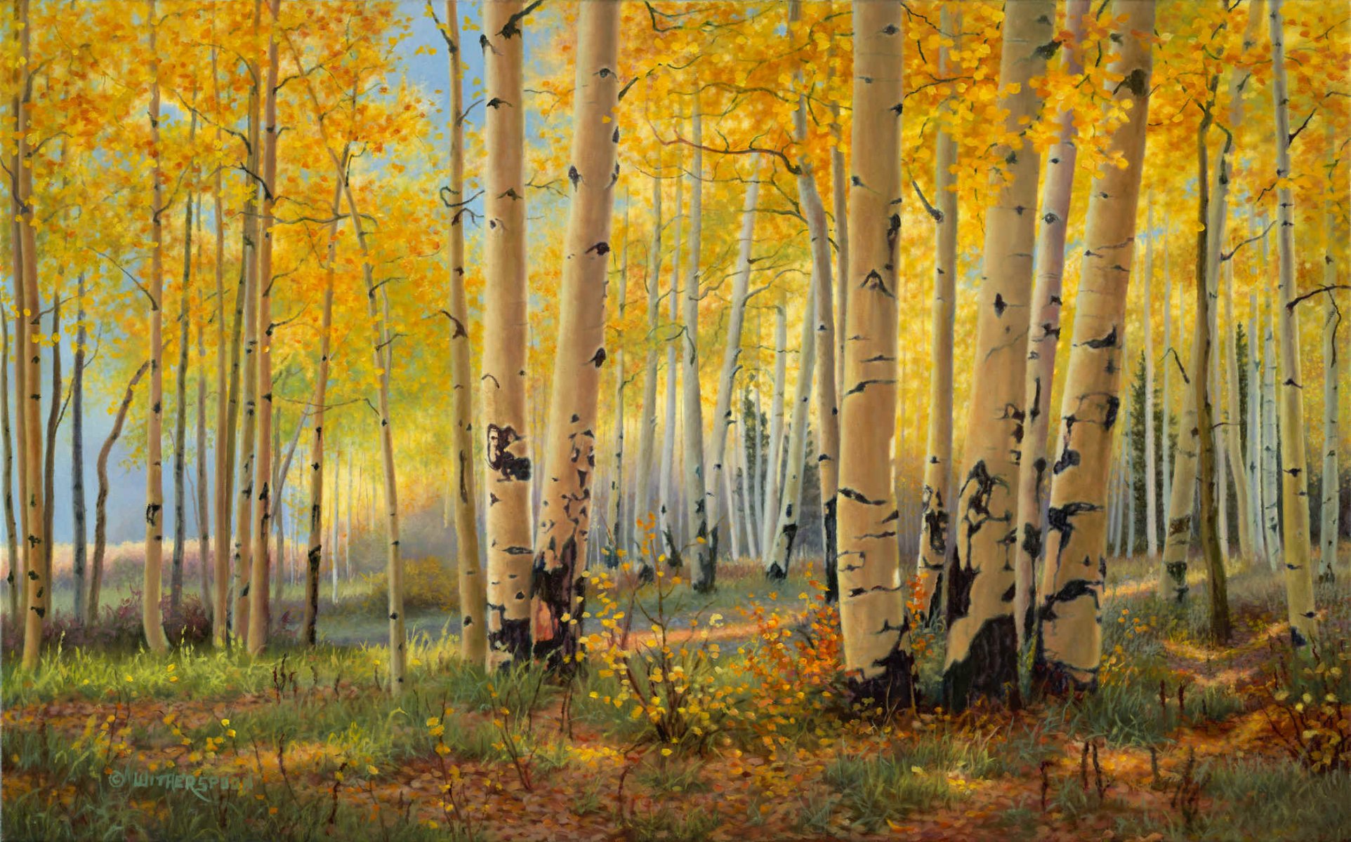 kay witherspoon pilastri d oro arte pittura autunno d oro autunno foresta boschetto betulle