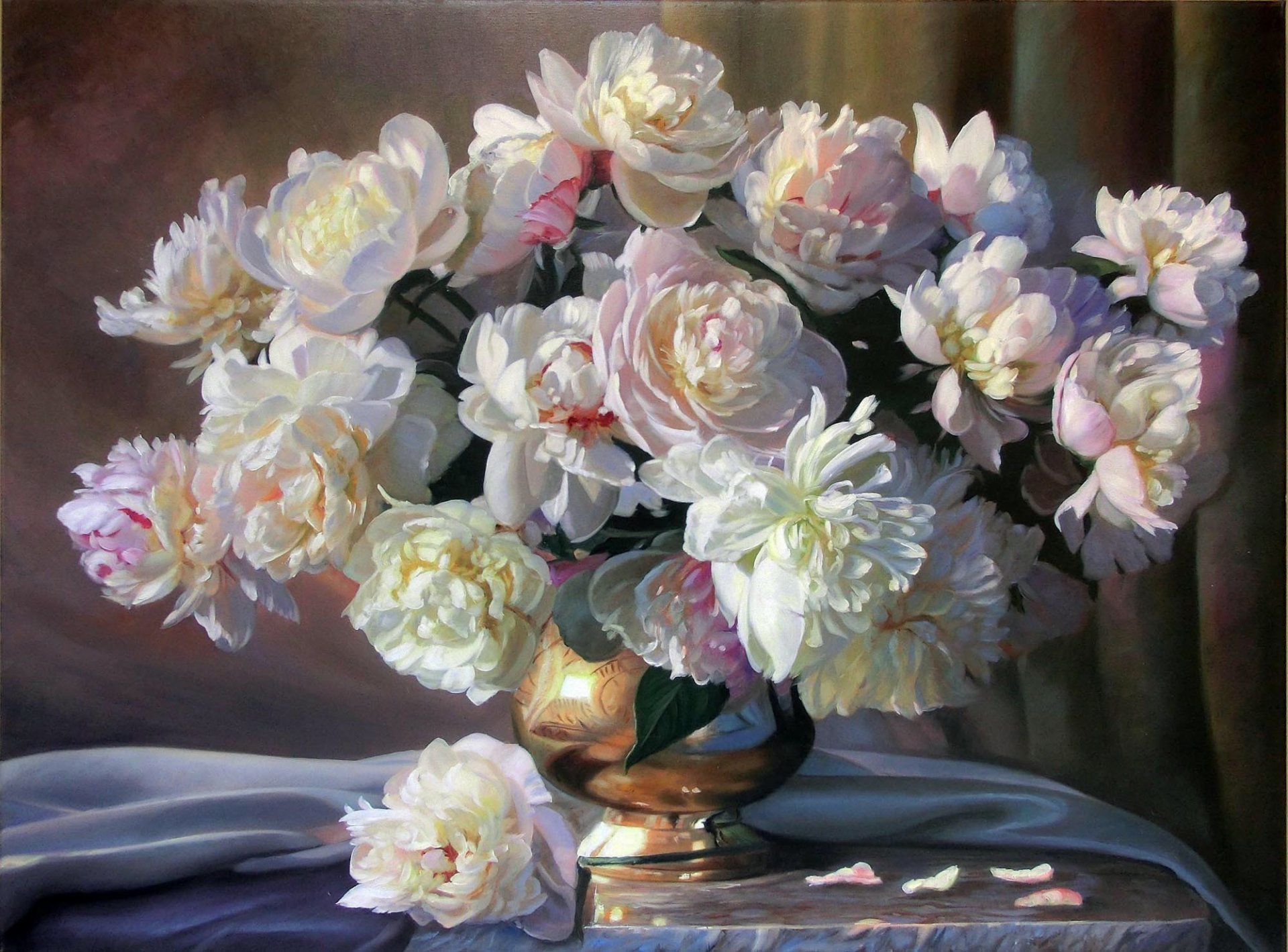 pintura naturaleza muerta zbigniew kopania flores peonías blanco ramo florero pétalos tela