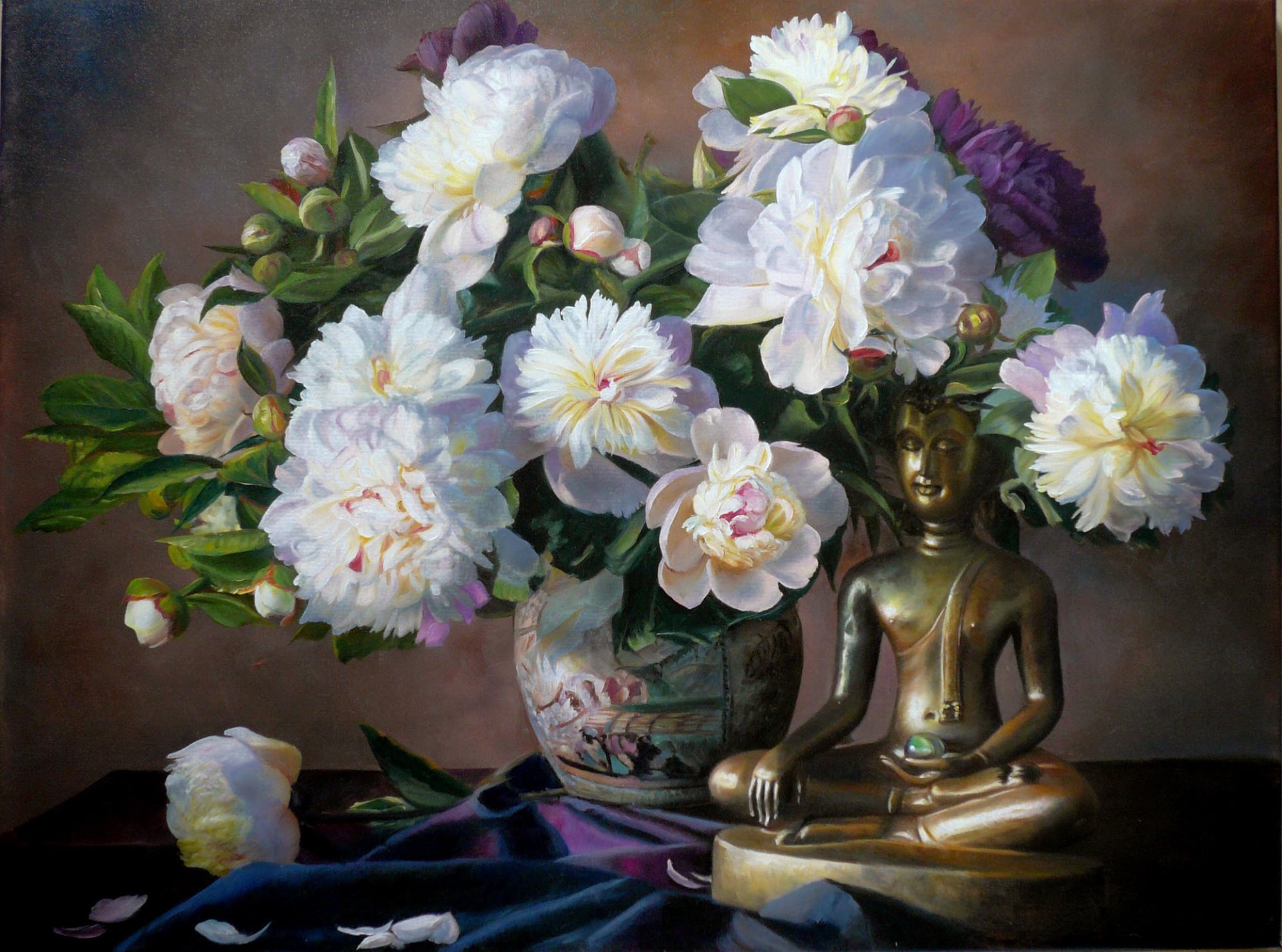 pittura zbigniew kopania natura morta fiori bouquet peonie vaso petali statuetta buddha