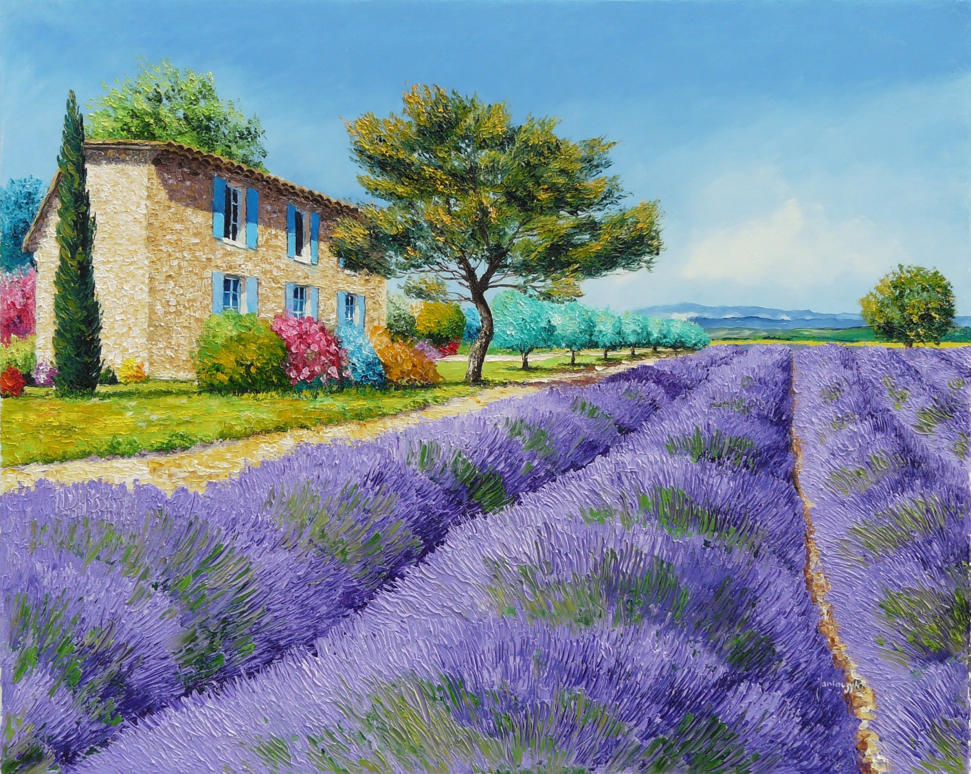 peinture art paysage jean-marc janiaczyk champ fleurs lavande provence maison arbres buissons montagnes