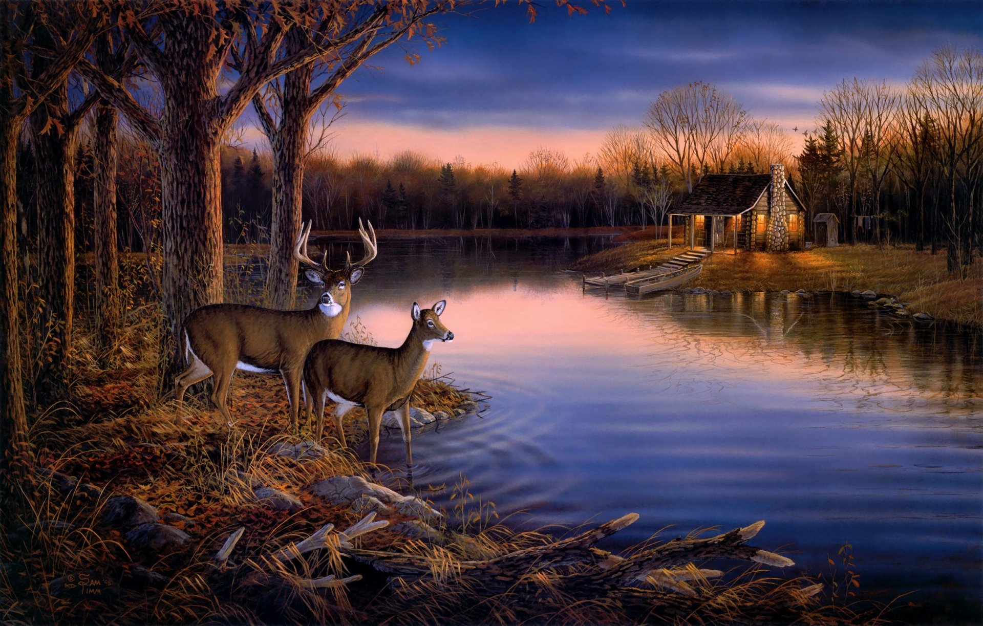 sam timm calme soir peinture art animaux cerfs soirée coucher de soleil automne nature forêt arbres lac étang rivière eau bateau maison