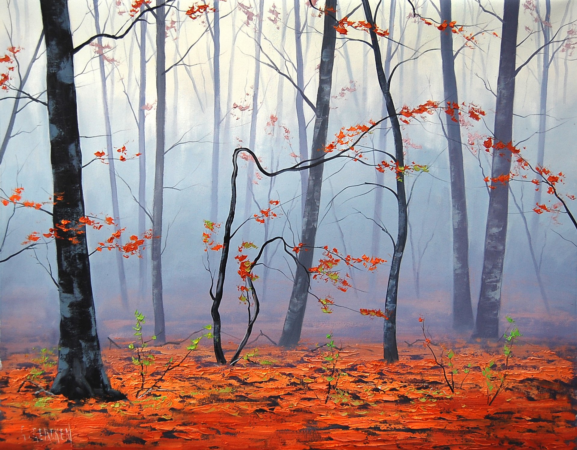 kunst artsaus natur bäume herbst blätter nebel