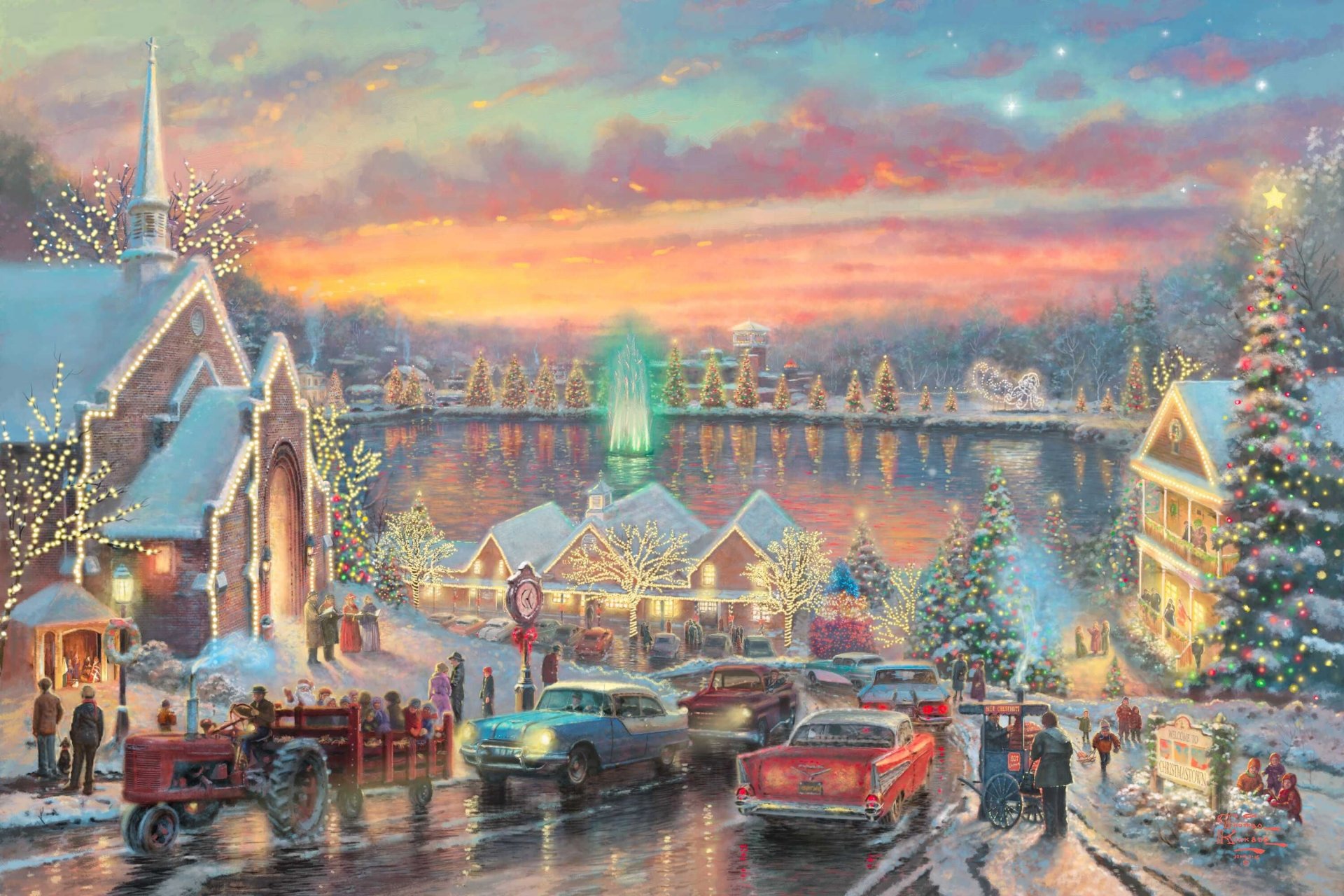 lumières christmastown thomas kincaid christmastown mcadenville caroline du nord usa peinture ville noël rivière fourche sud sapin arbres de noël guirlandes multicolore lumières maison rue route voitures soirée vacances nouvel an horloge église feux d artifice