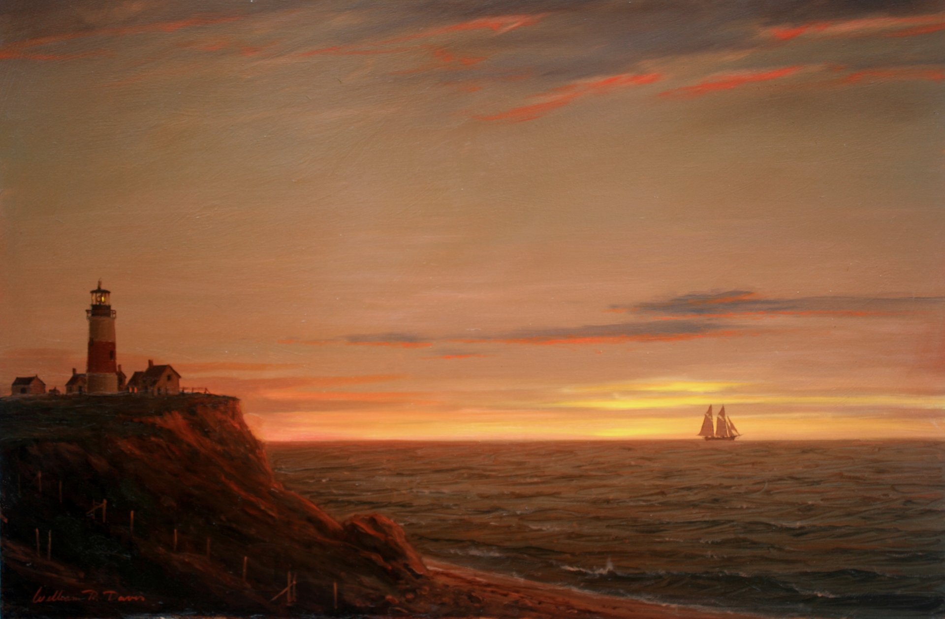 pintura paisaje william davis mar faro velero barco costa cielo luz puesta de sol