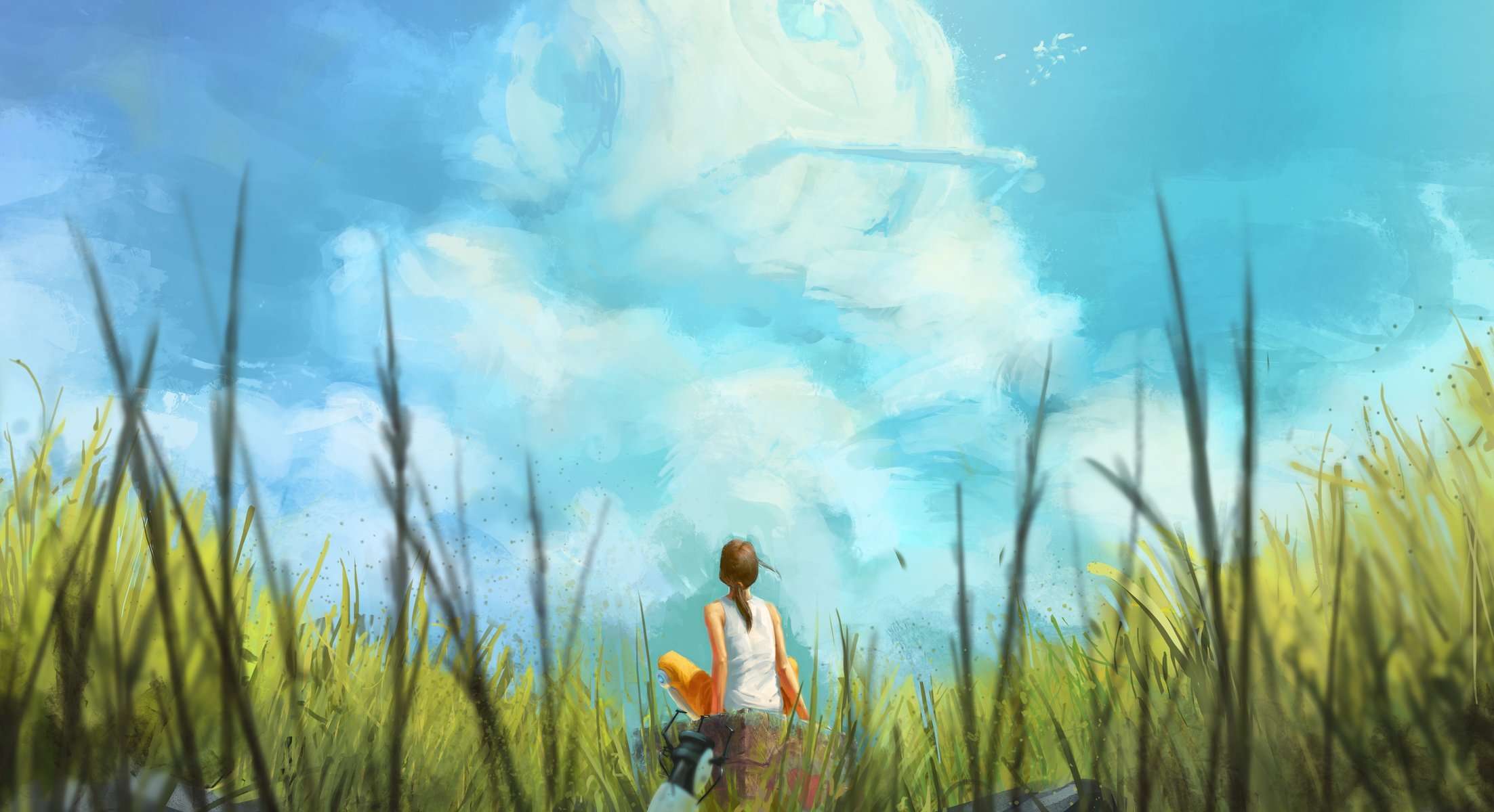 art sky clouds grass summer girl sitting