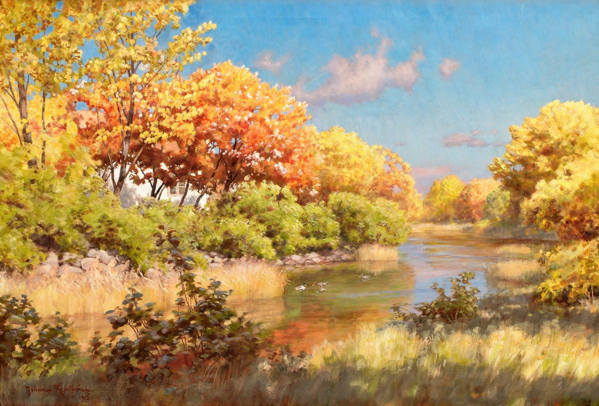 bild landschaft johan krouthen herbst bäume fluss wasser ufer enten dorf himmel wolken