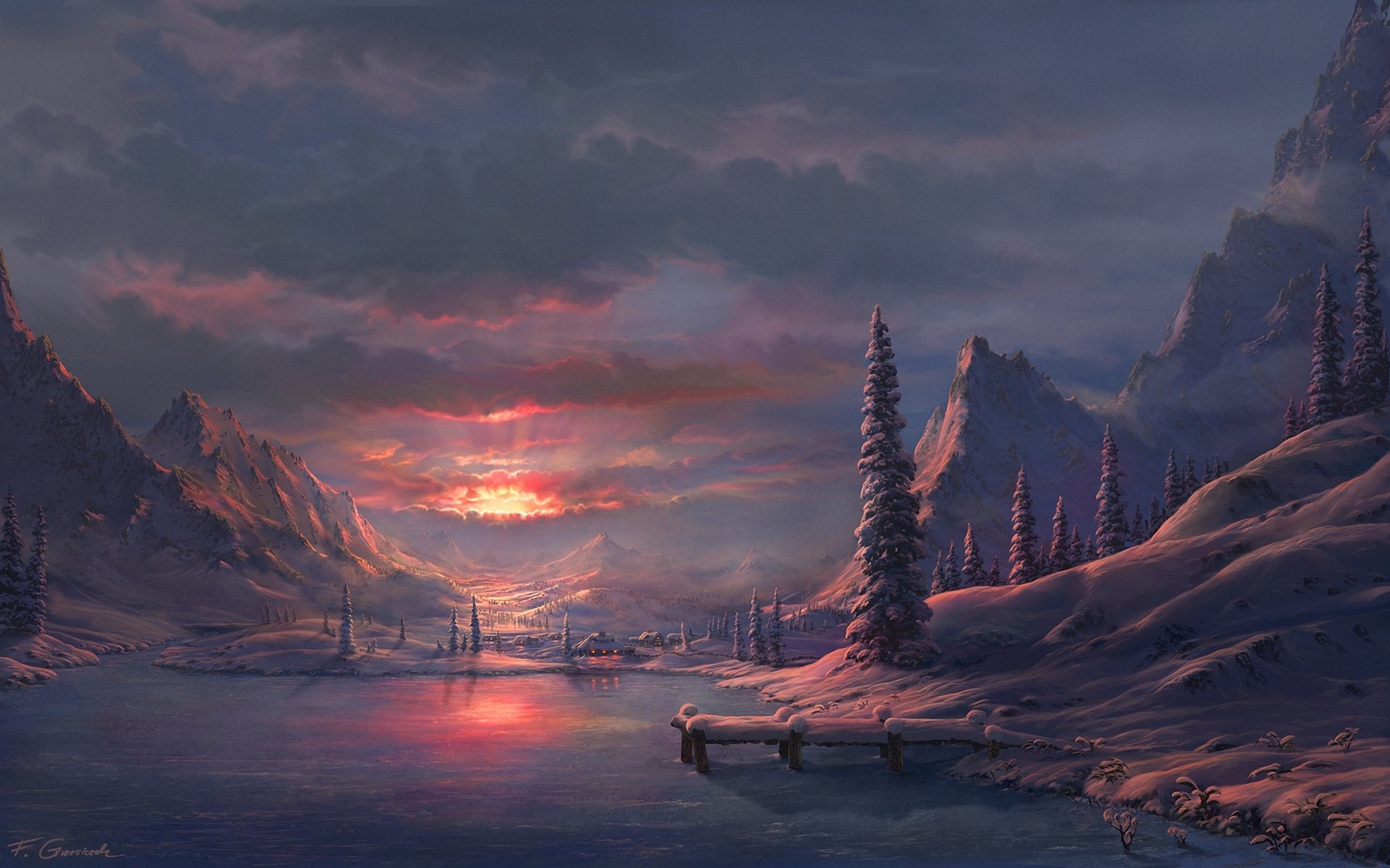 art winter mountain lake dawn fel-x