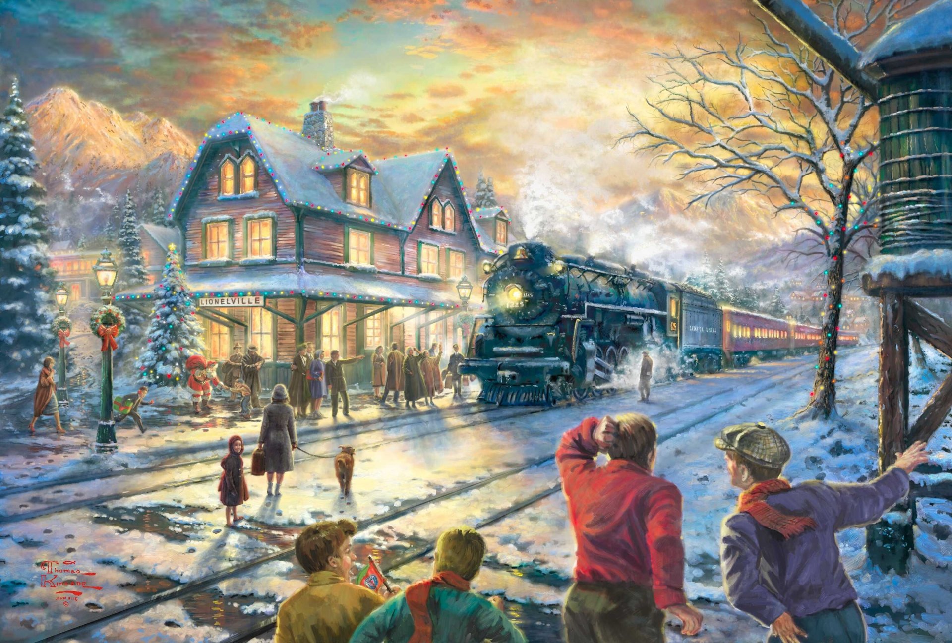 alles an bord zu weihnachten thomas kincaid malerei lionelville winter urlaub weihnachten weihnachtsmann abend lichter haus station zug eisenbahn schnee tanne girlanden neujahr