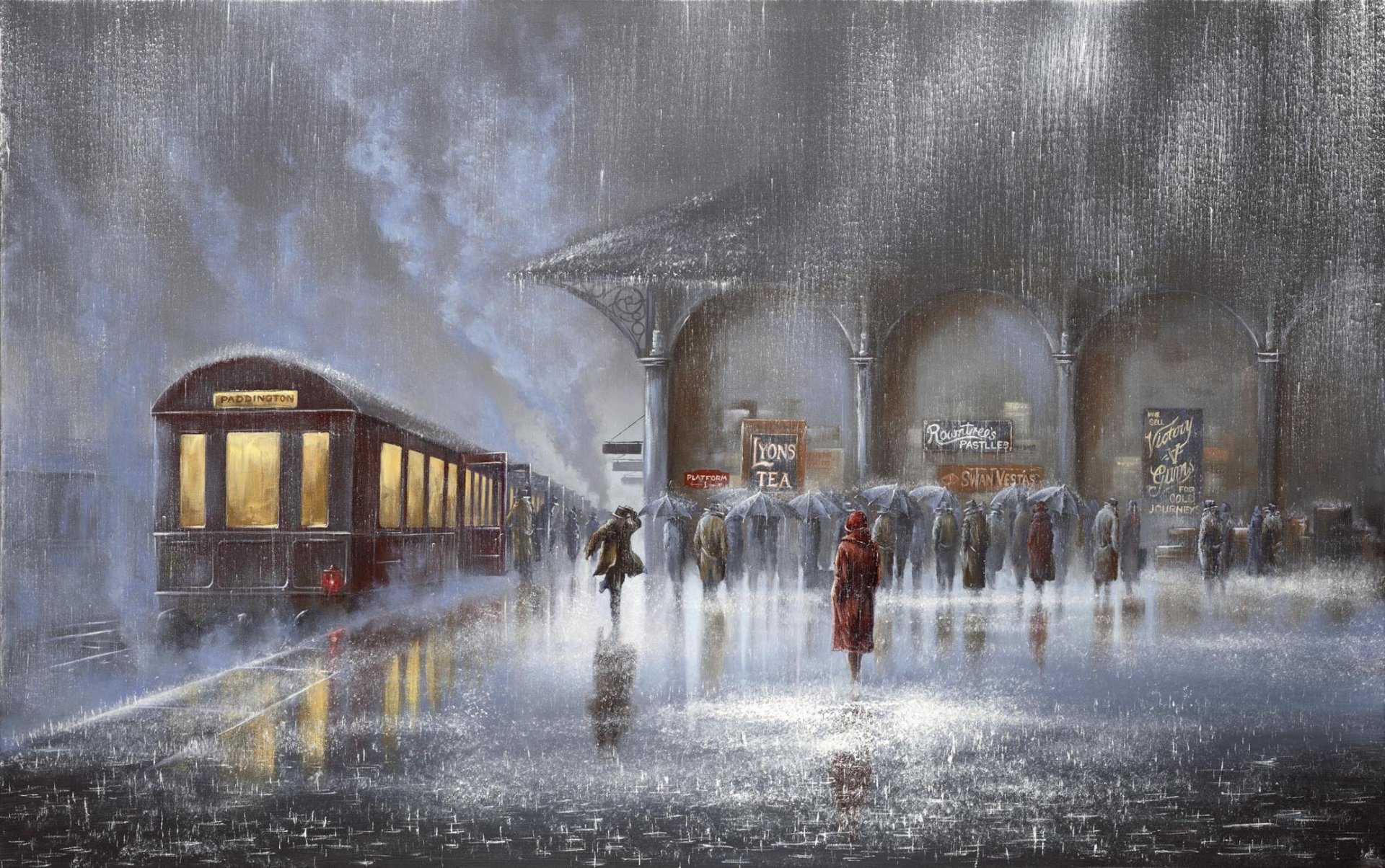 pintura jeff rowland estación de tren lluvia lluvia dos reunión hombre mujer personas paraguas vagón tren plataforma