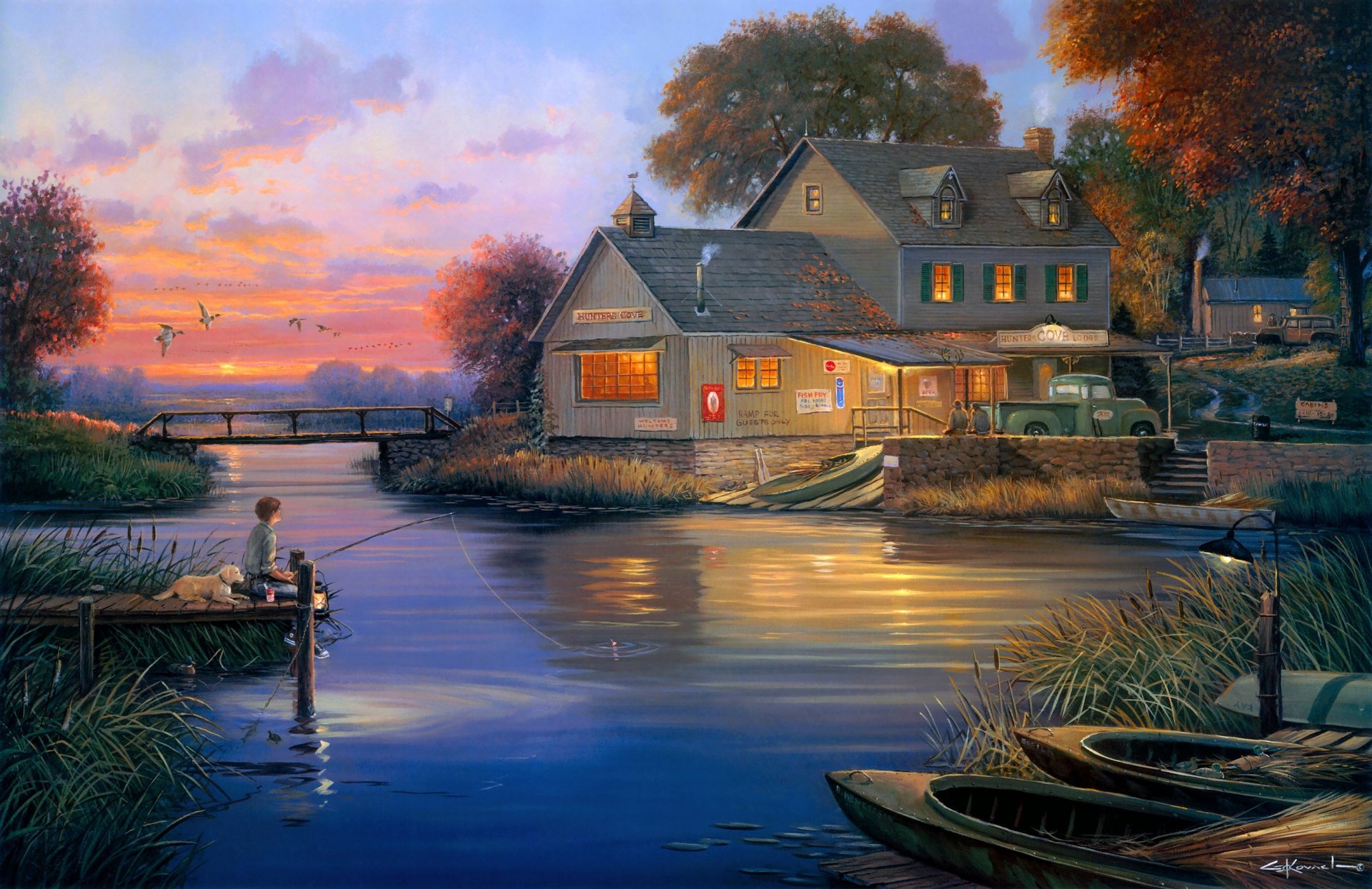 george kovach hunters cove painting hunters lodge lodge bay boat bridge a fisherman dog night autumn duck house