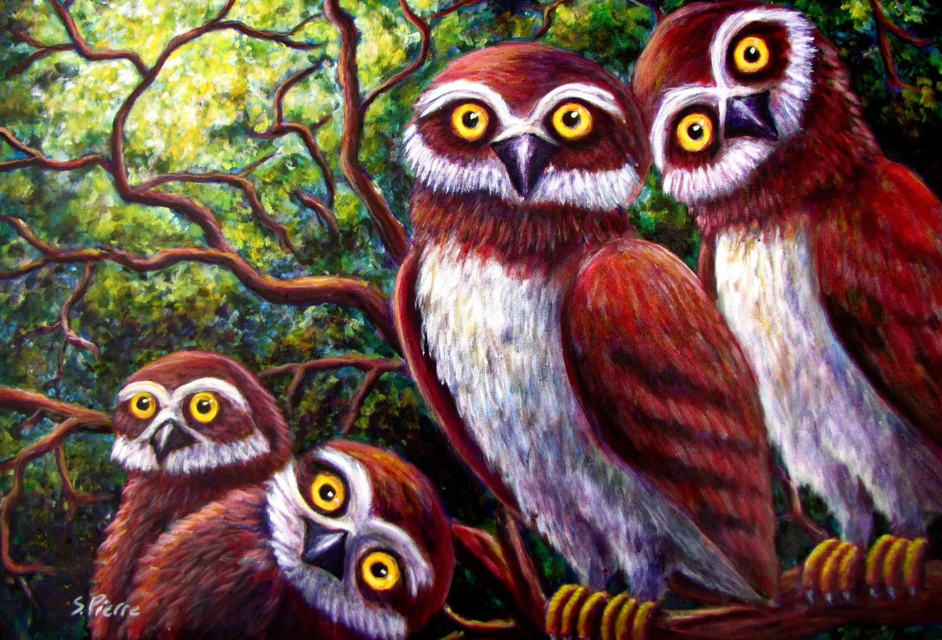 arte aves búhos bosque árbol ramas