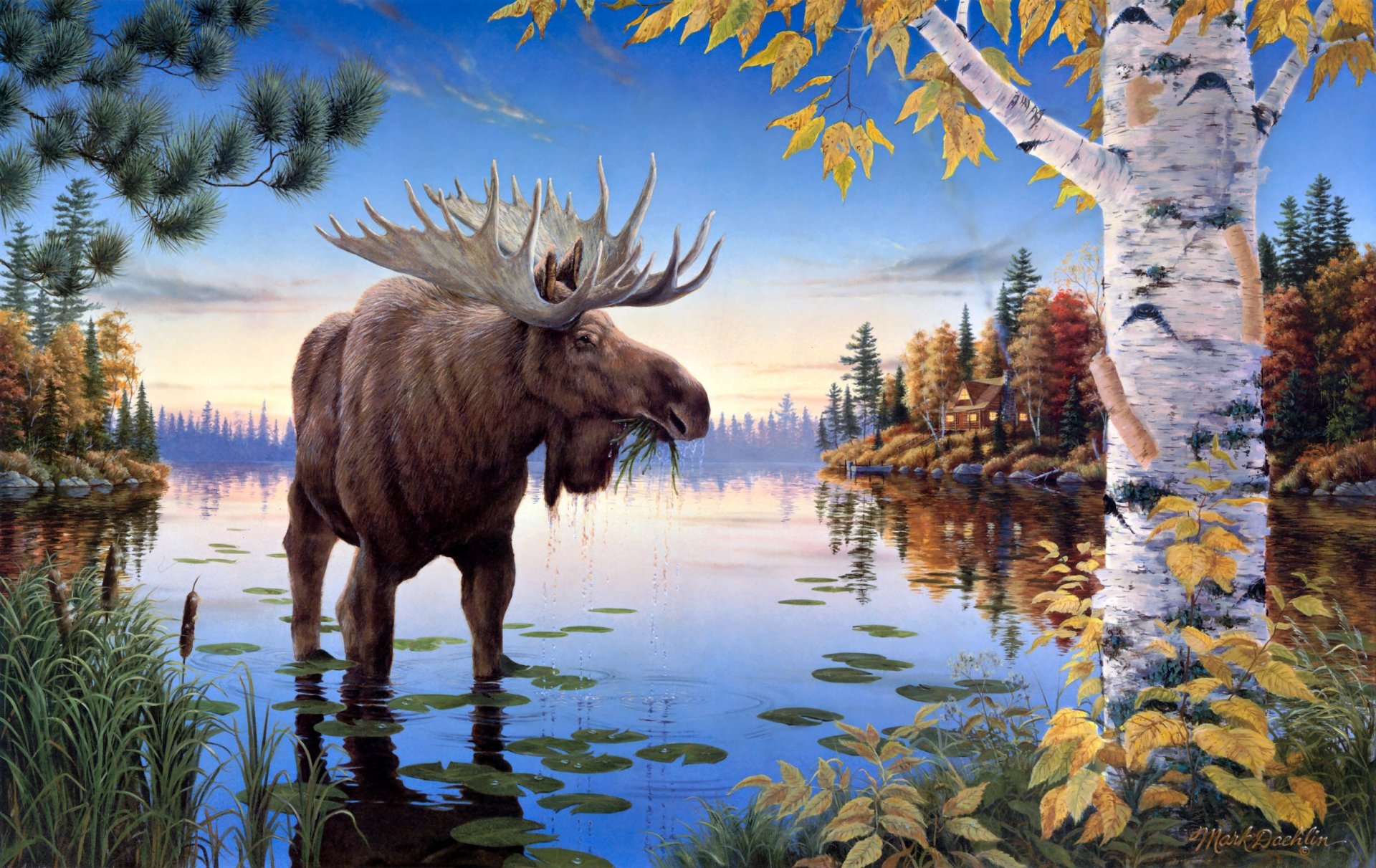 mark daehlin autumn majesty painting moose lake reeds forest pine birch autumn house