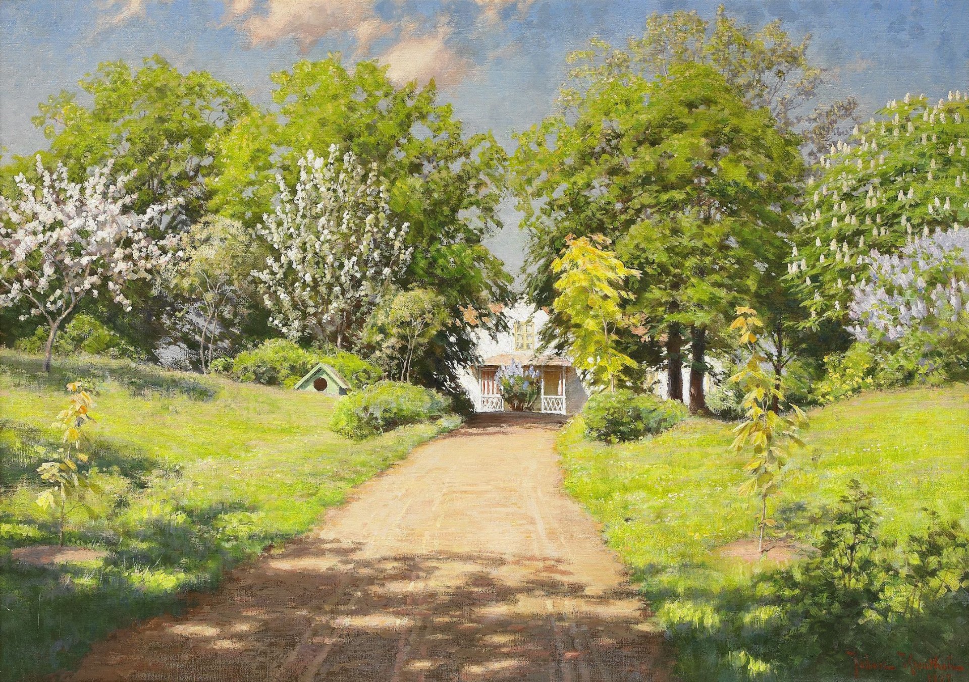 pintura paisaje johan krouthen primavera casa casa de campo camino árboles arbustos flores verdes lilas castañas nubes soleado sombra