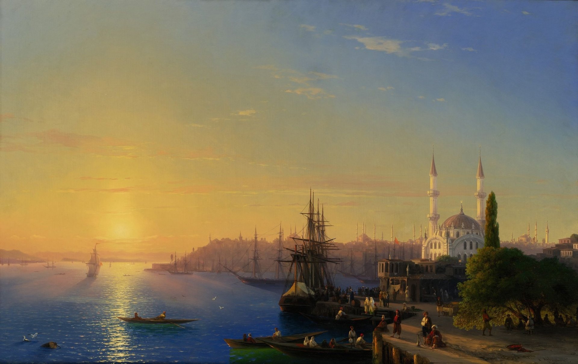 pattern landscape aivazovsky of constantinople bosporus the port town wharf ships boat sailboats sea sky light people tree buildings architecture mosque