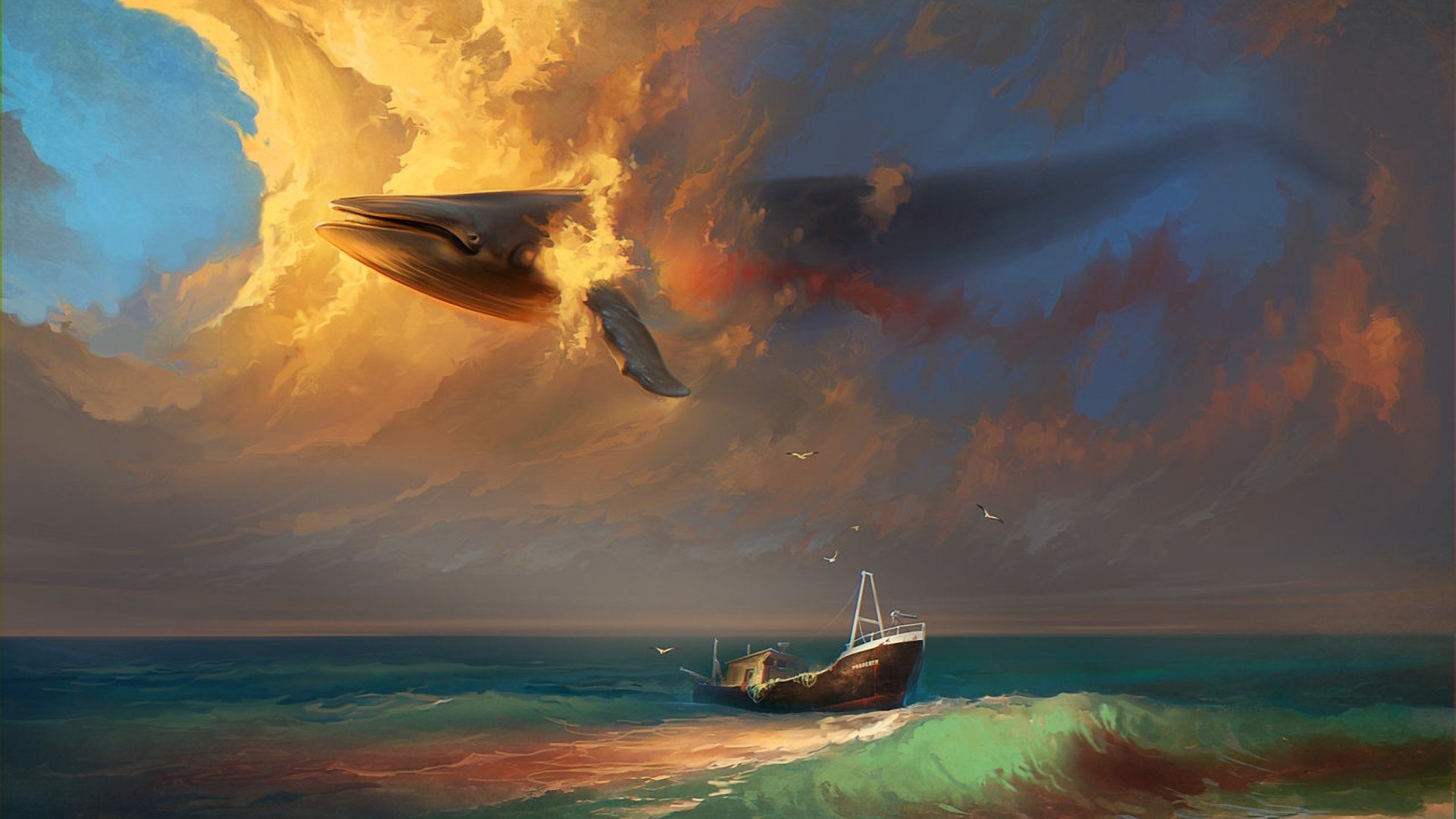 art sea ship whale sky surrealism clouds gulls birds wave