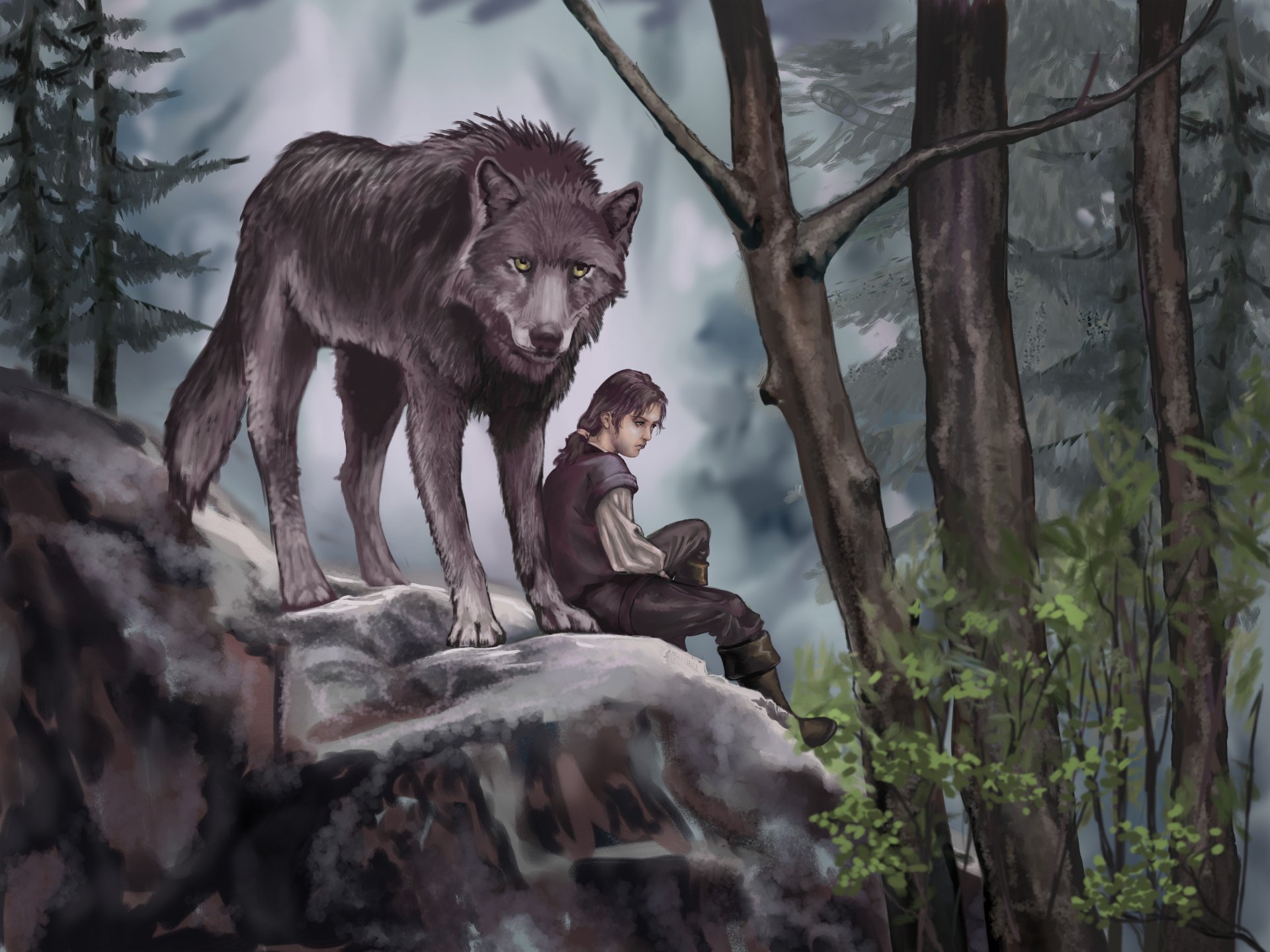 game of thrones arya stark nymeria painting art wolf predator animals forest tree leave