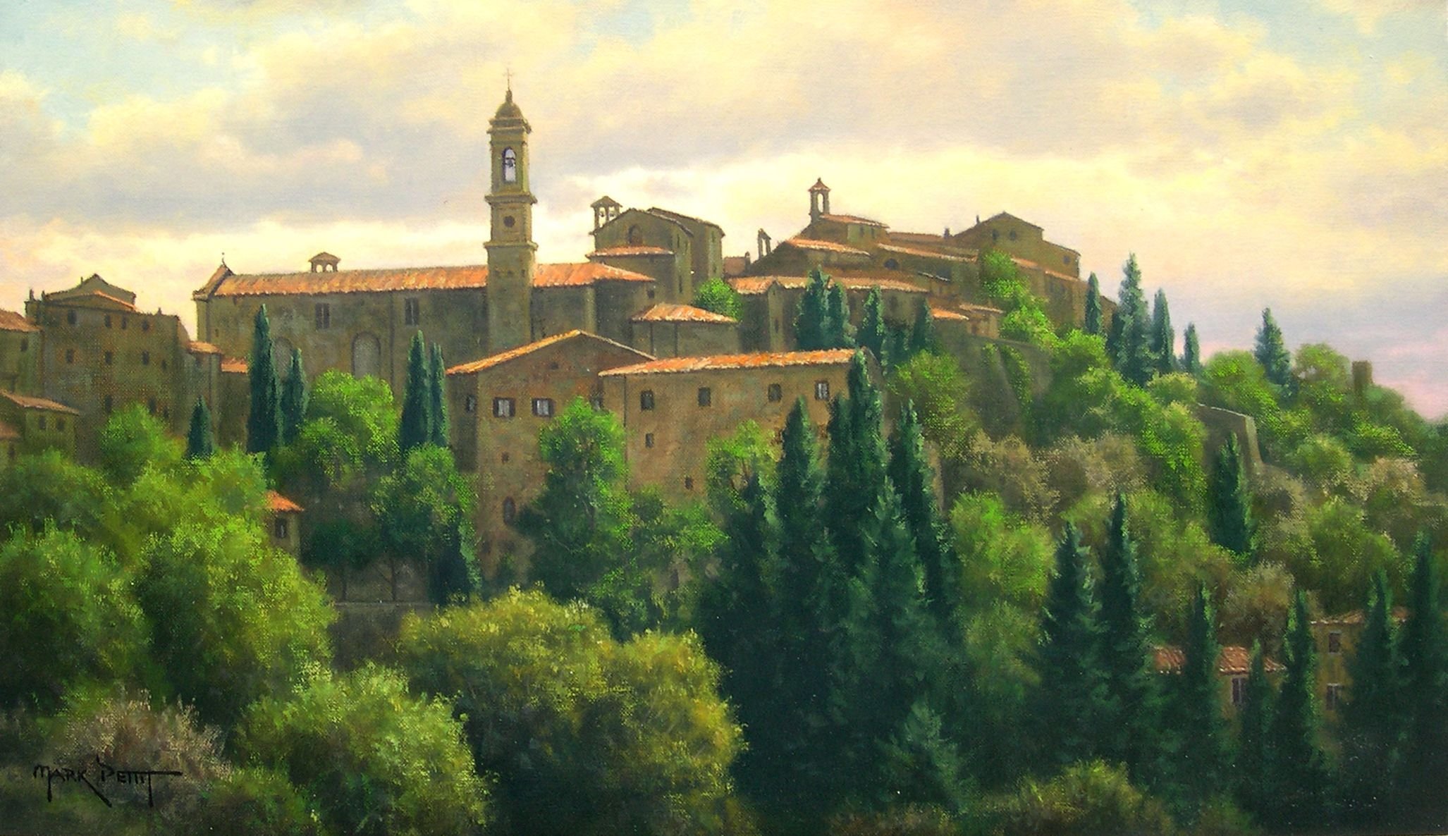 pittura paesaggio marc petite italia città costruzioni alberi case tetti campanile estate luce