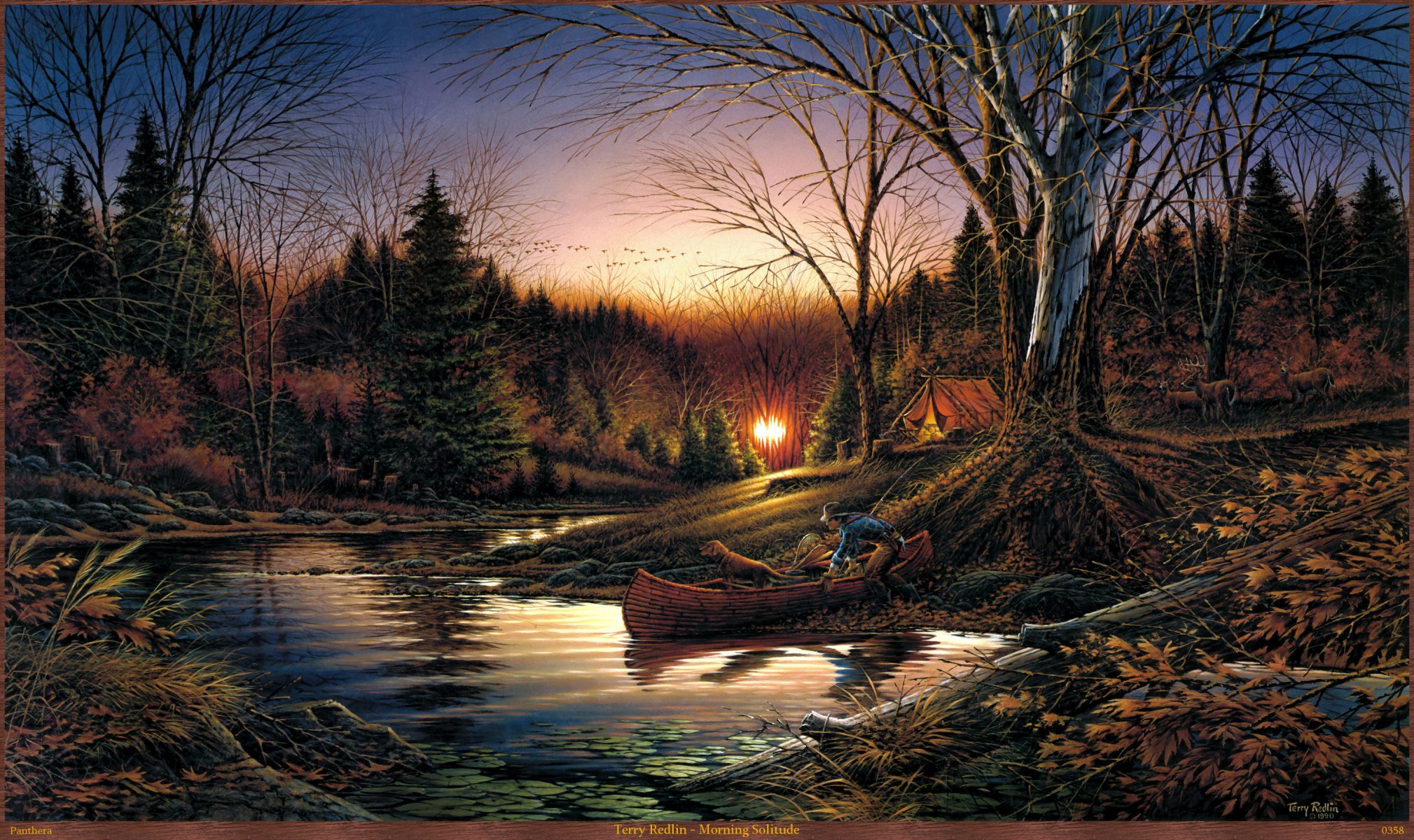 terry redlin morning solitude painting autumn morning sunrise forest tent river boat dog reindeer migratory bird