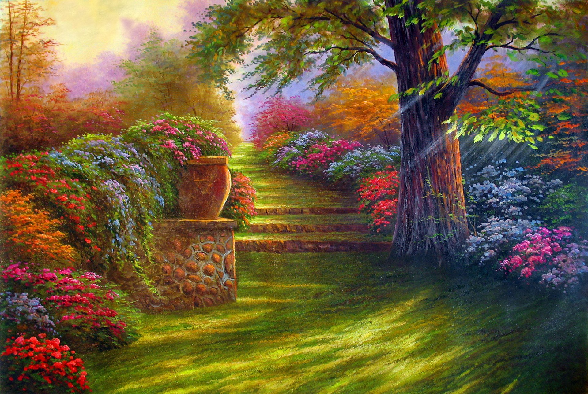 pittura giardino fiori strada gradini natura albero paesaggio