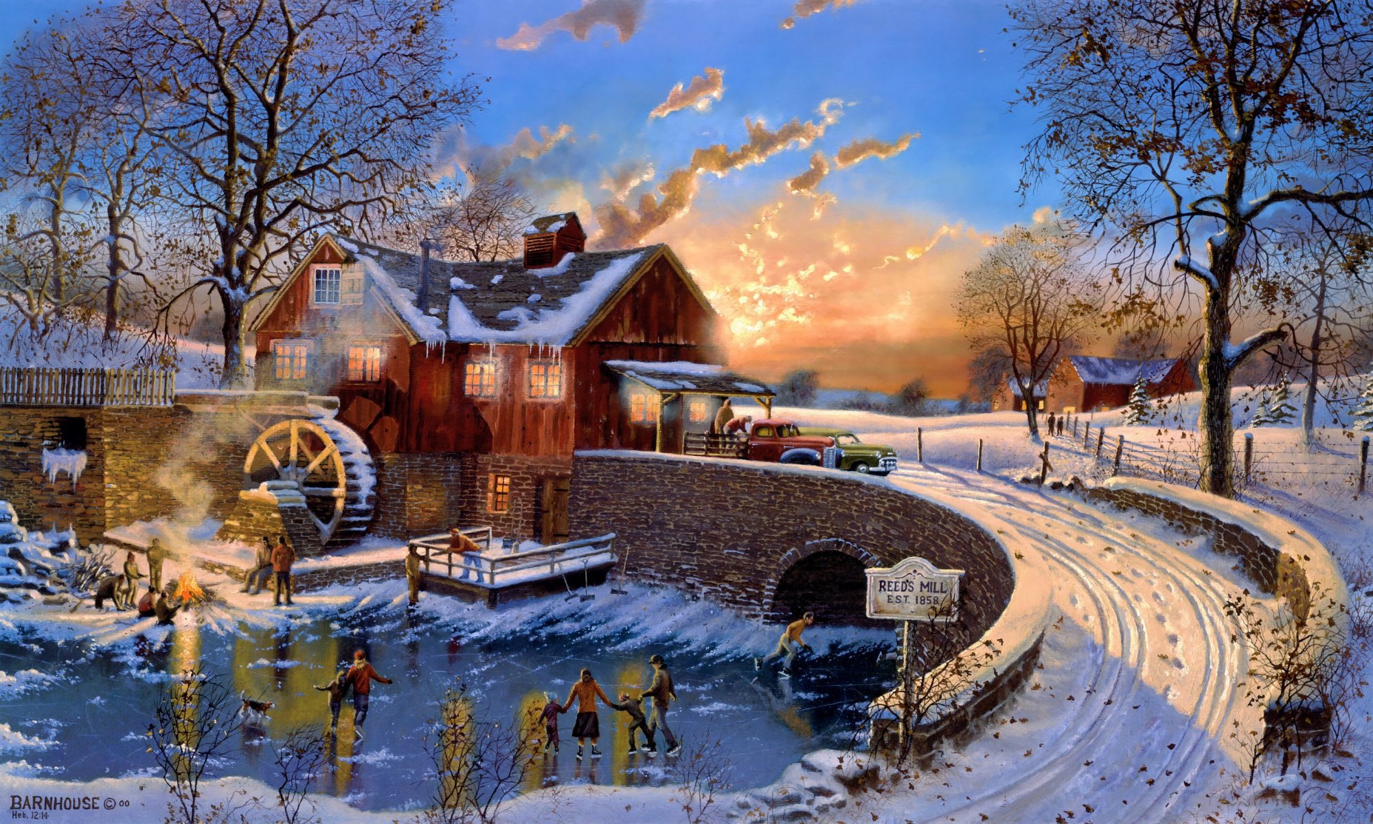 dave barnhouse the skating party painting late autumn winter fallen leaves cool roller house machine night bridge mill reed s mill